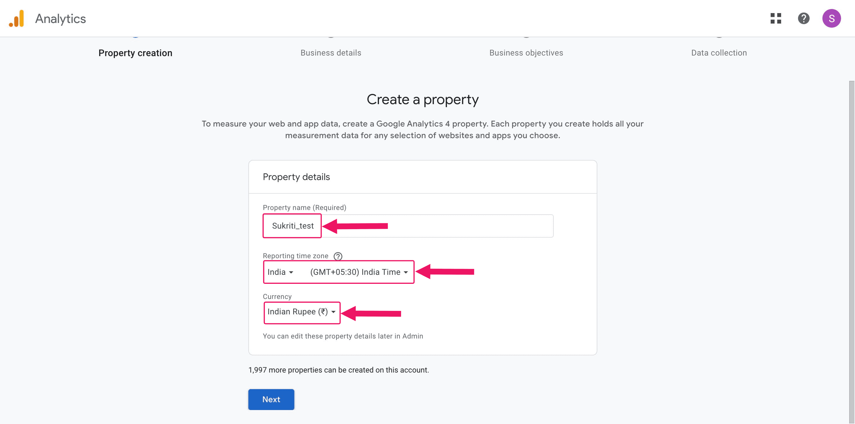 Enter the required information to create the property, and then click **Next** to proceed.