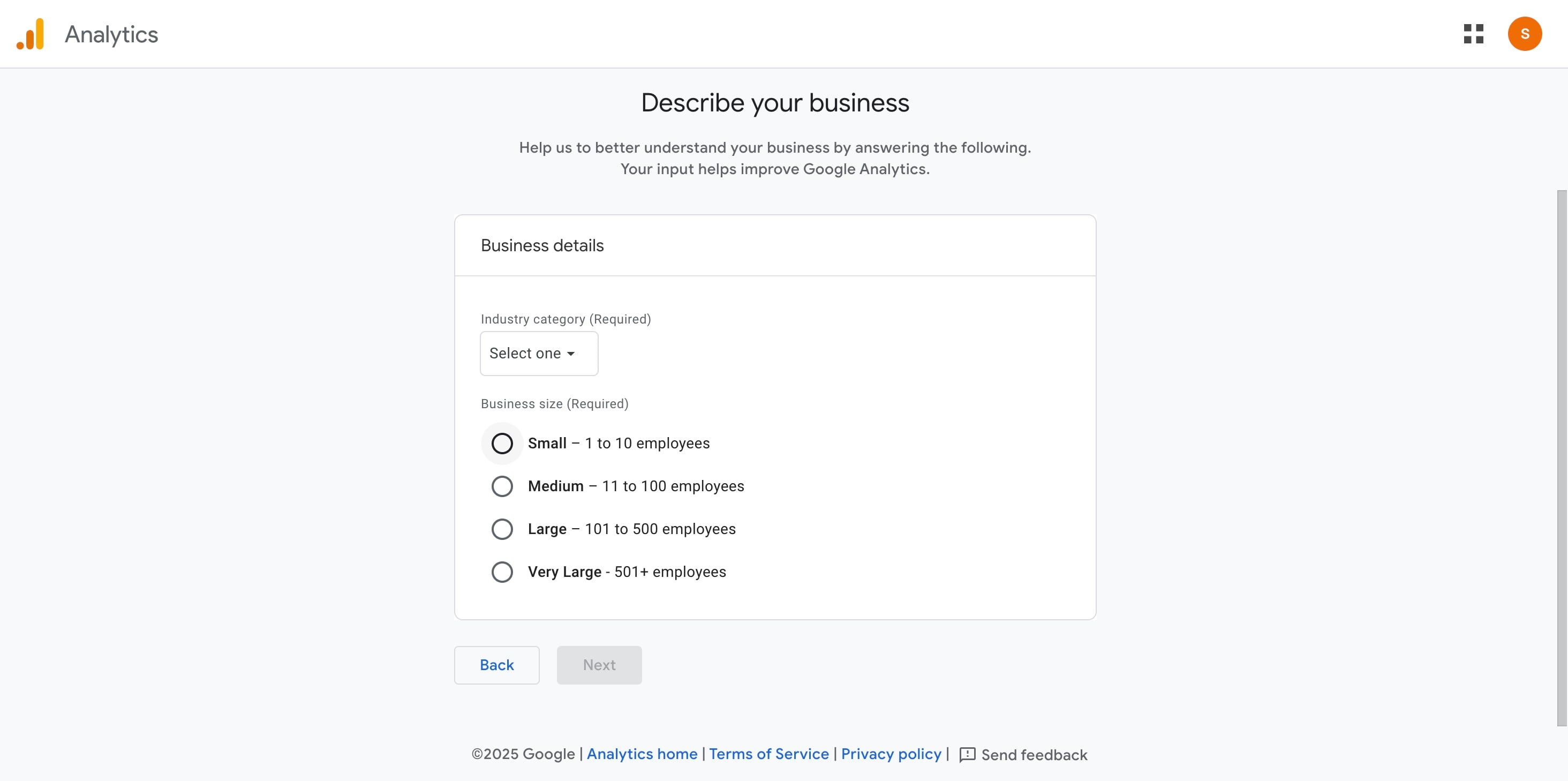 Choose the **size** of your business.