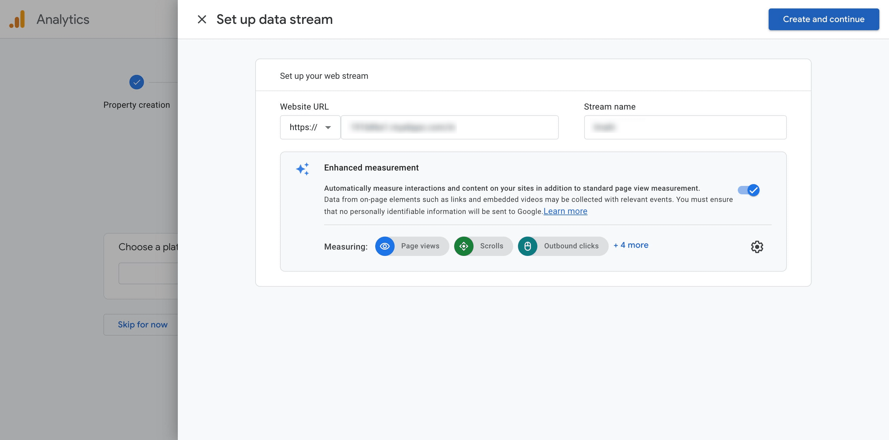 Enter the **website URL** and **Stream name**, and then click "Create and Continue."