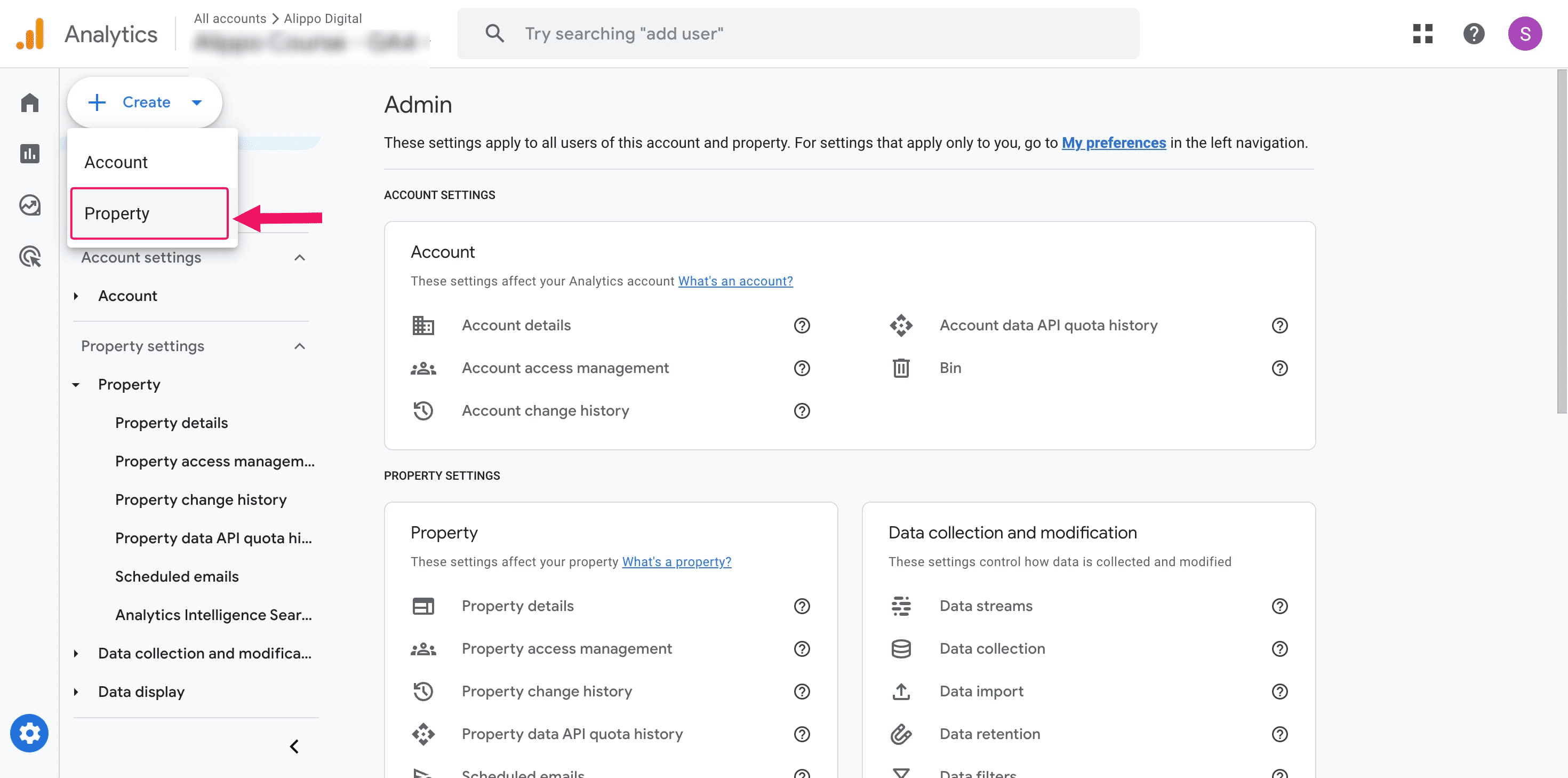 To add a new property, click on "Property".