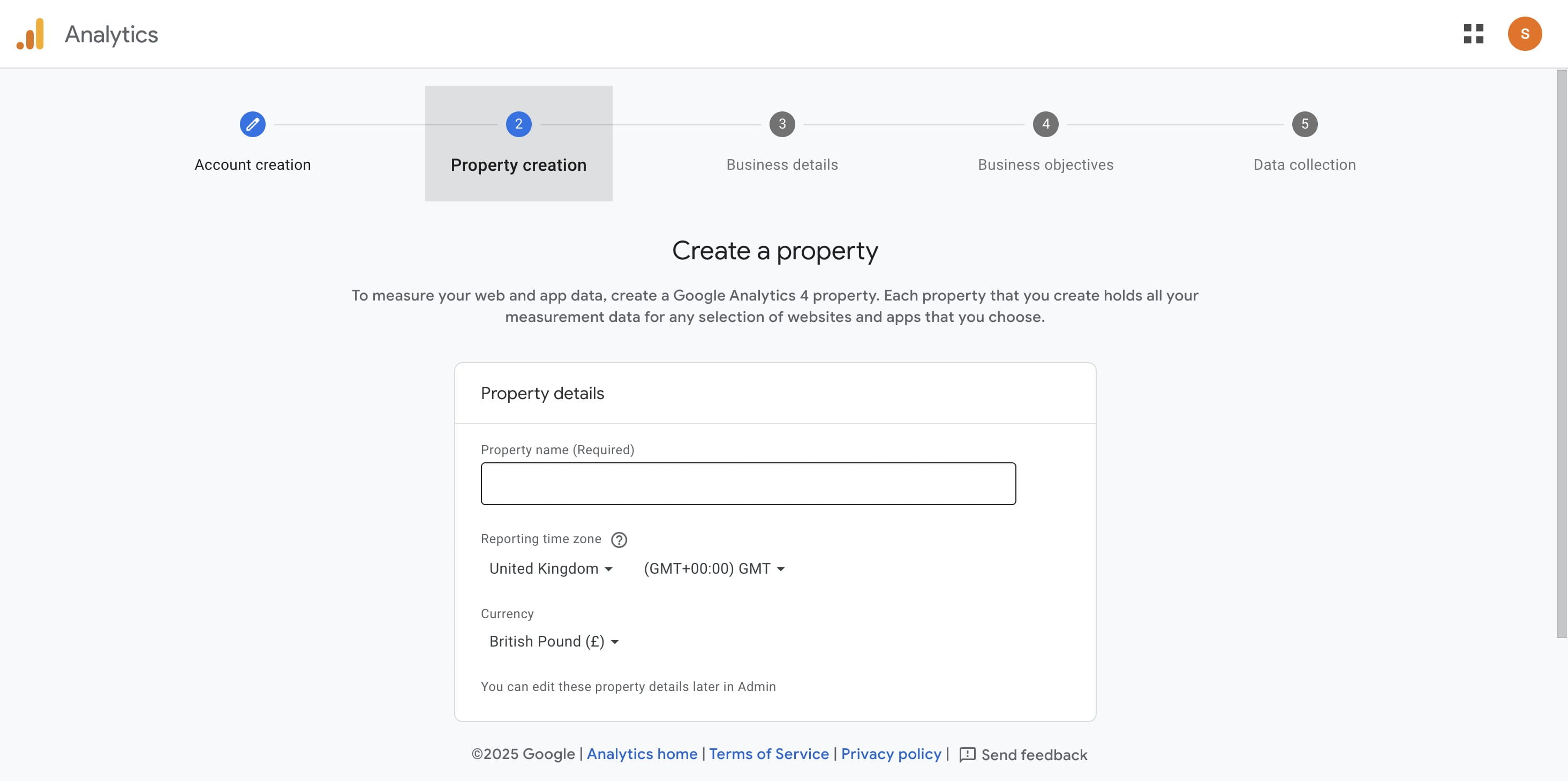 Enter your **property name** (e.g., “Your Website”).