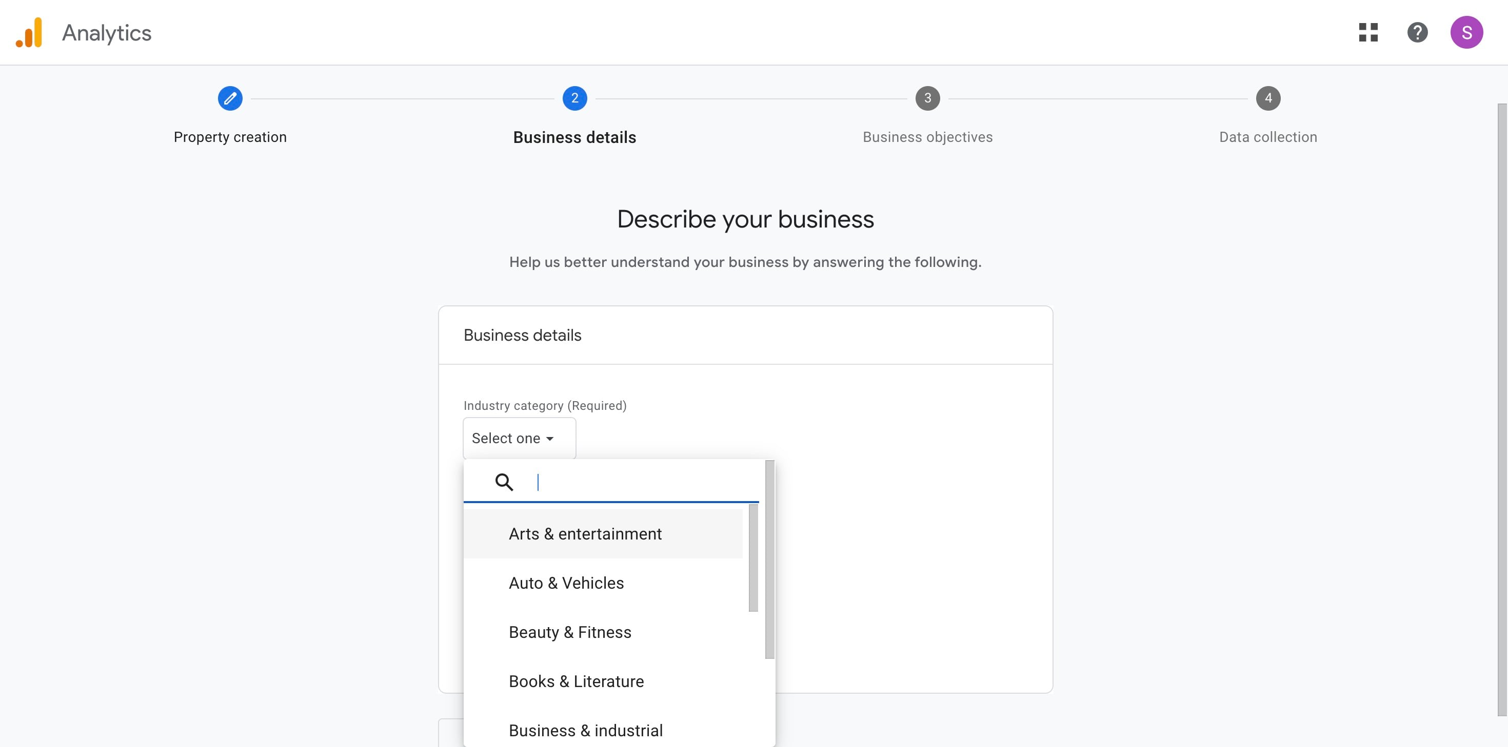 Provide the business details, including the **category** and **team size.**