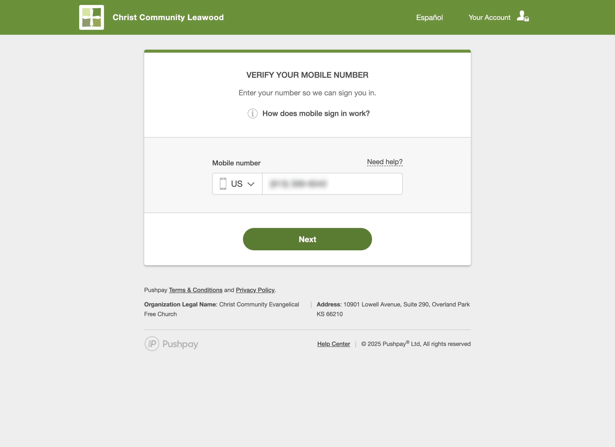 Enter your mobile number to set up your account and click "Next"