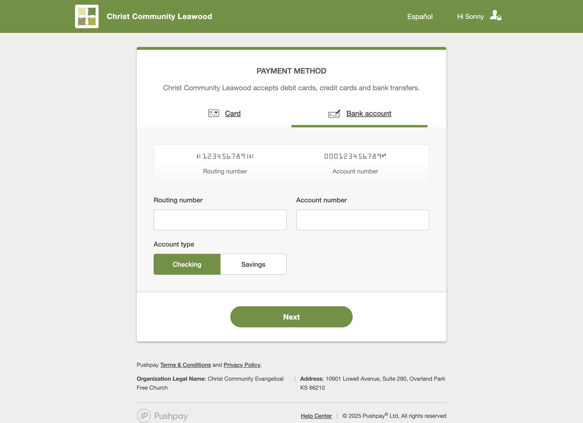 Enter your bank account information, and choose your account type