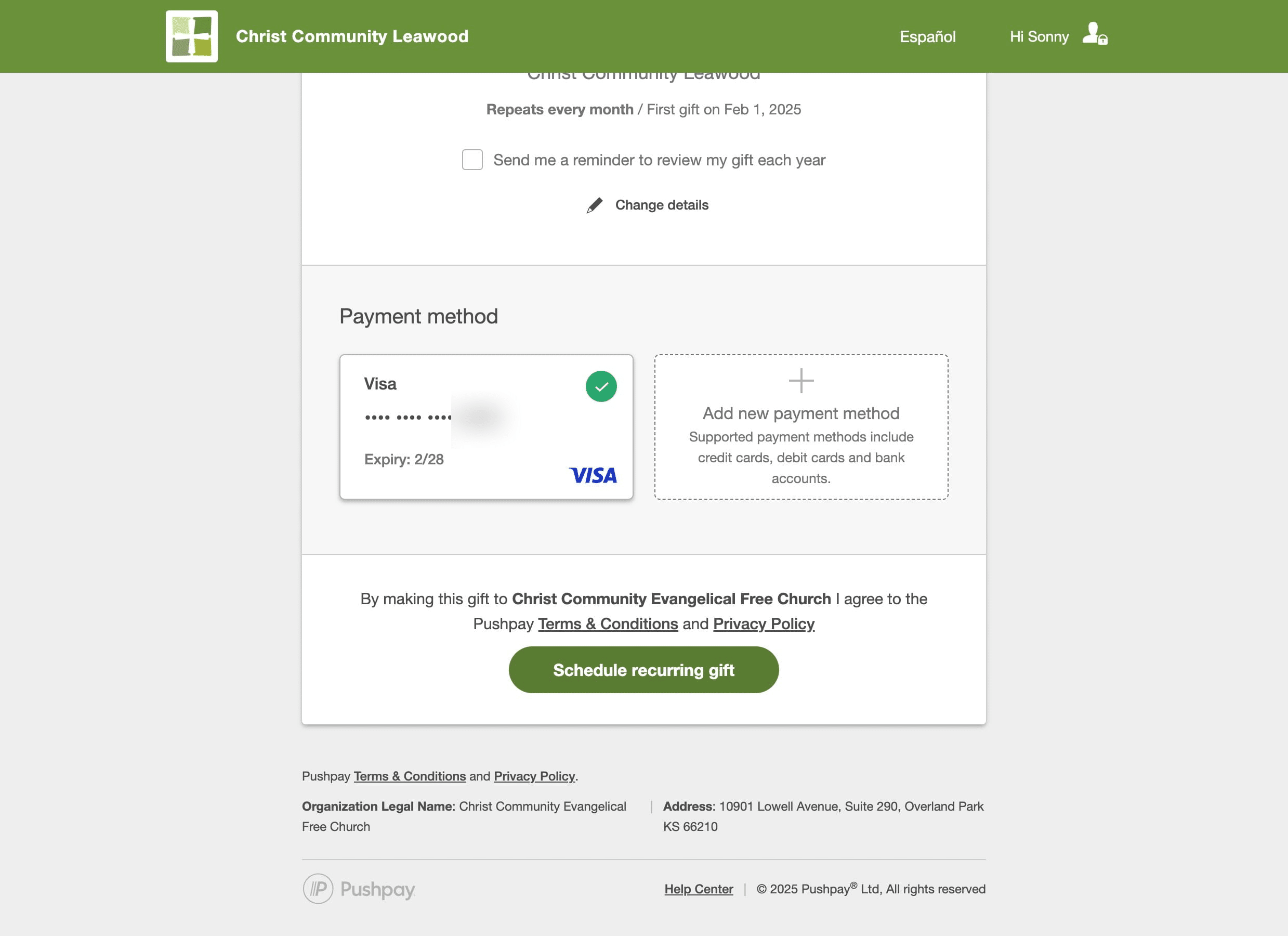 Click on "Schedule recurring gift" to schedule your recurring gift