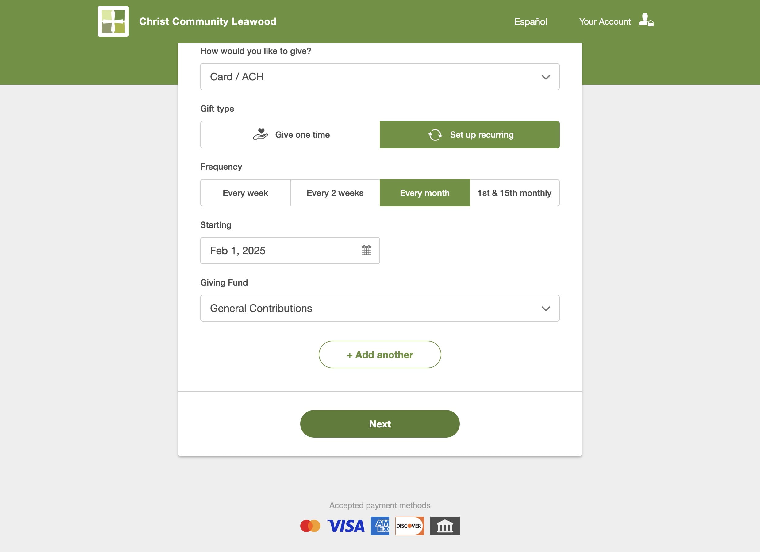 If you want to give to more than one fund at the same frequency, click on "+ Add another"