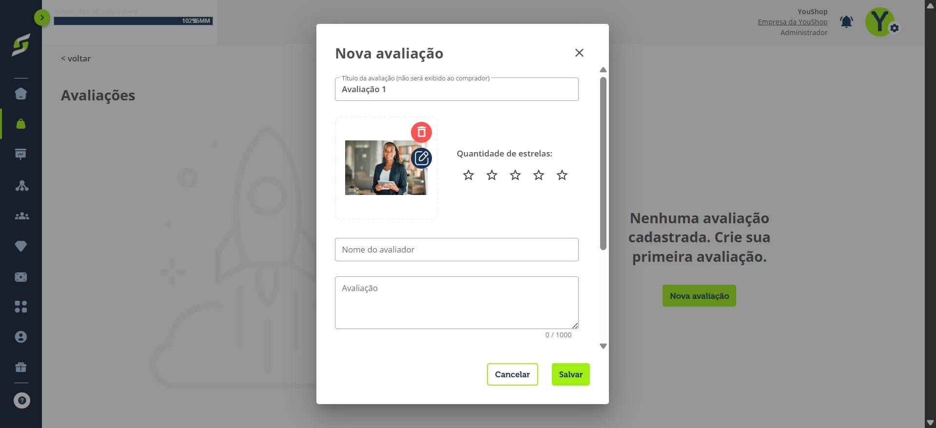 Selecione a quantidade de **estrelas** da avaliação.