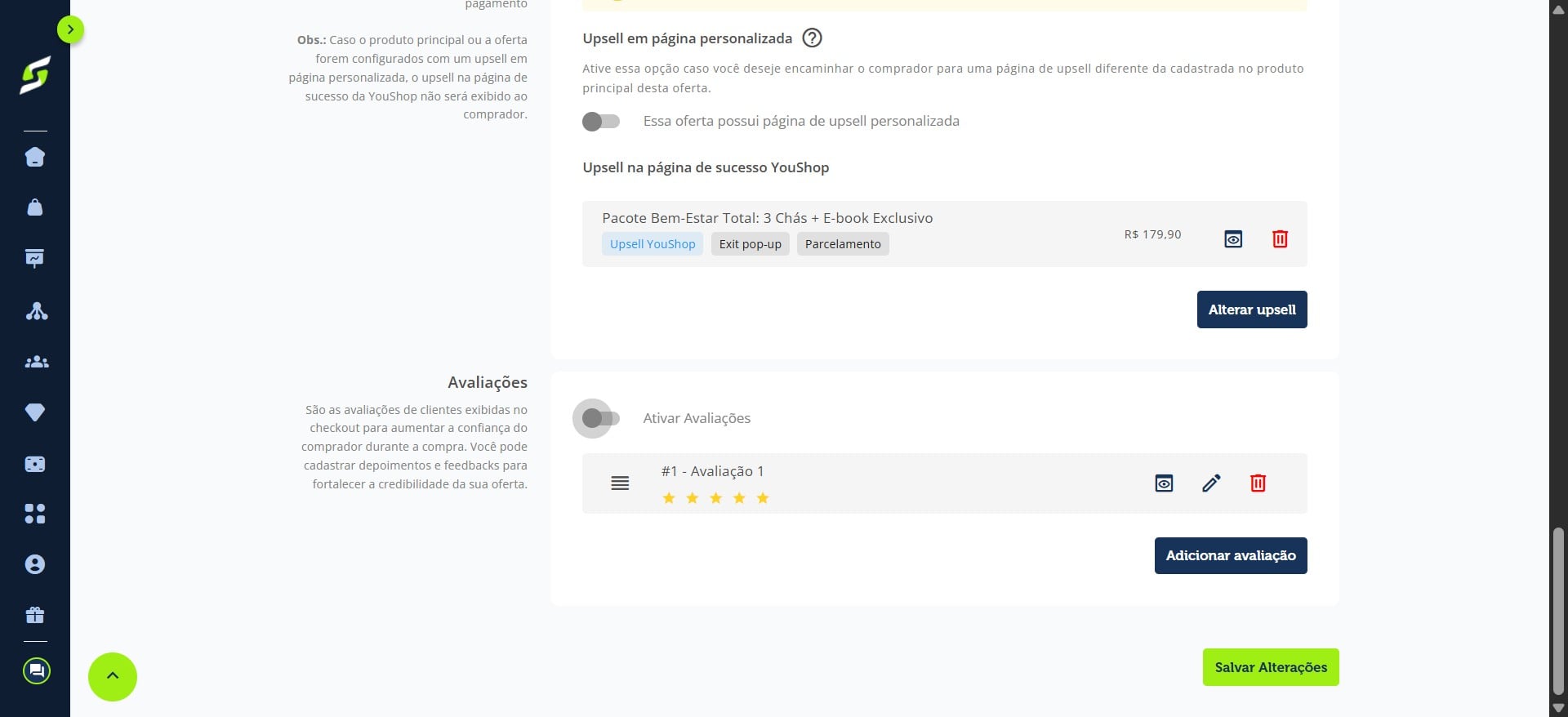 Ative a opção **“Ativar Avaliações”** para exibir os depoimentos no checkout.