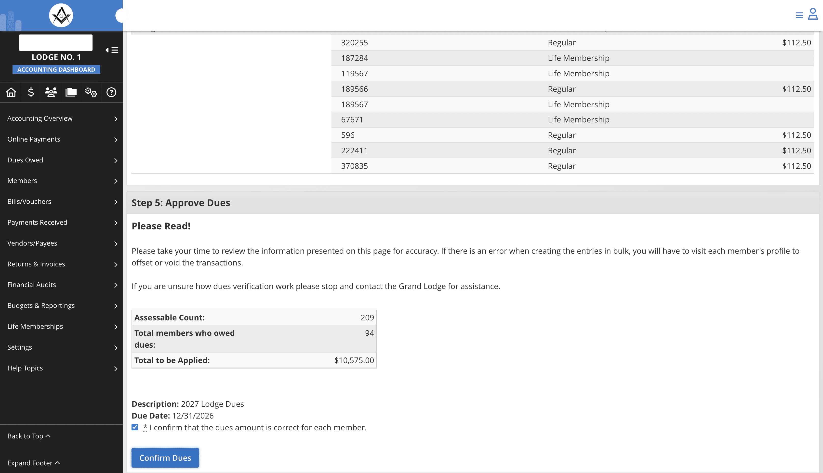 Click Confirm Dues button.