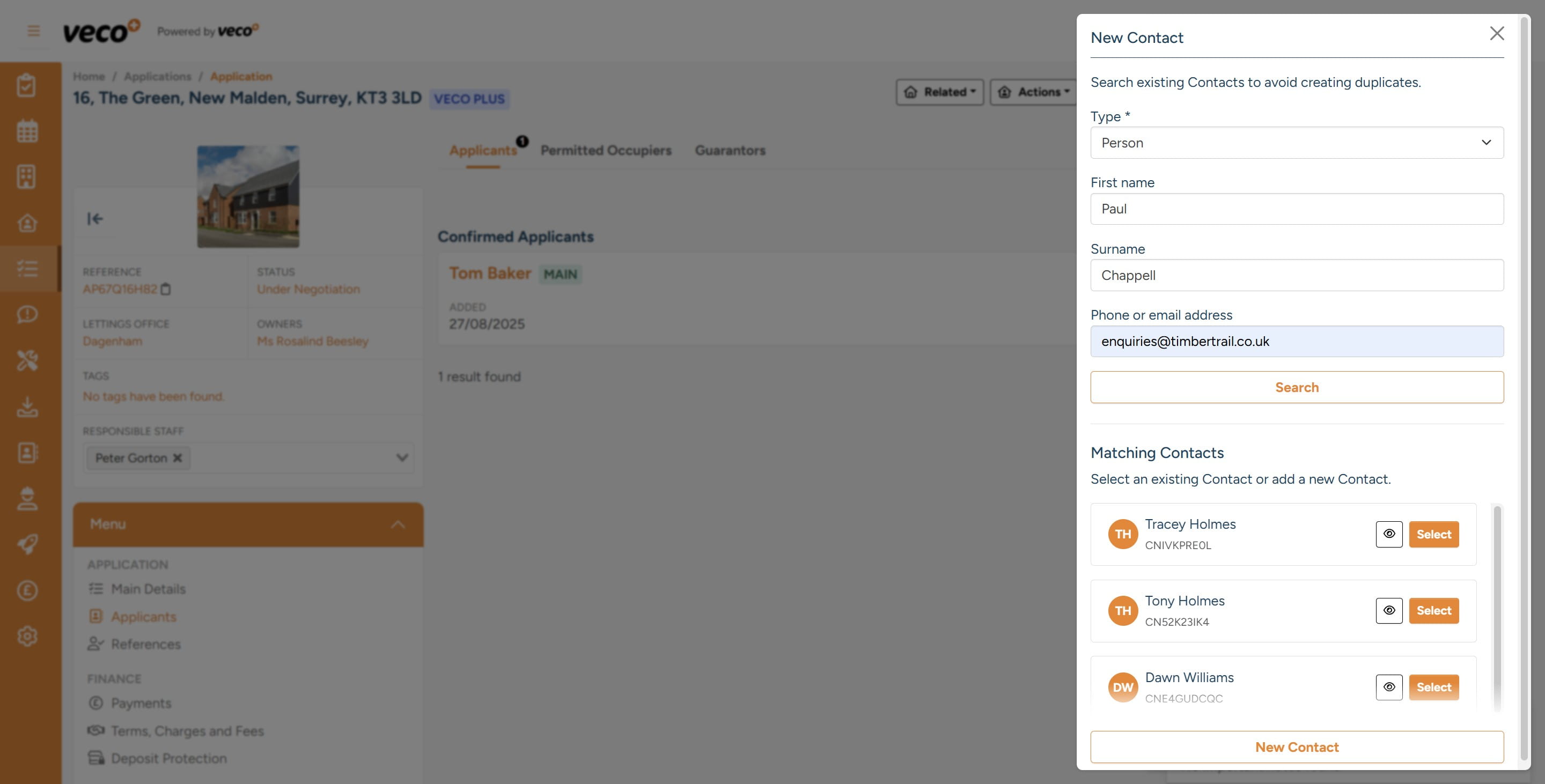 From the search, you will be shown a list of suggested matches. If none apply, select 'New Contact'

