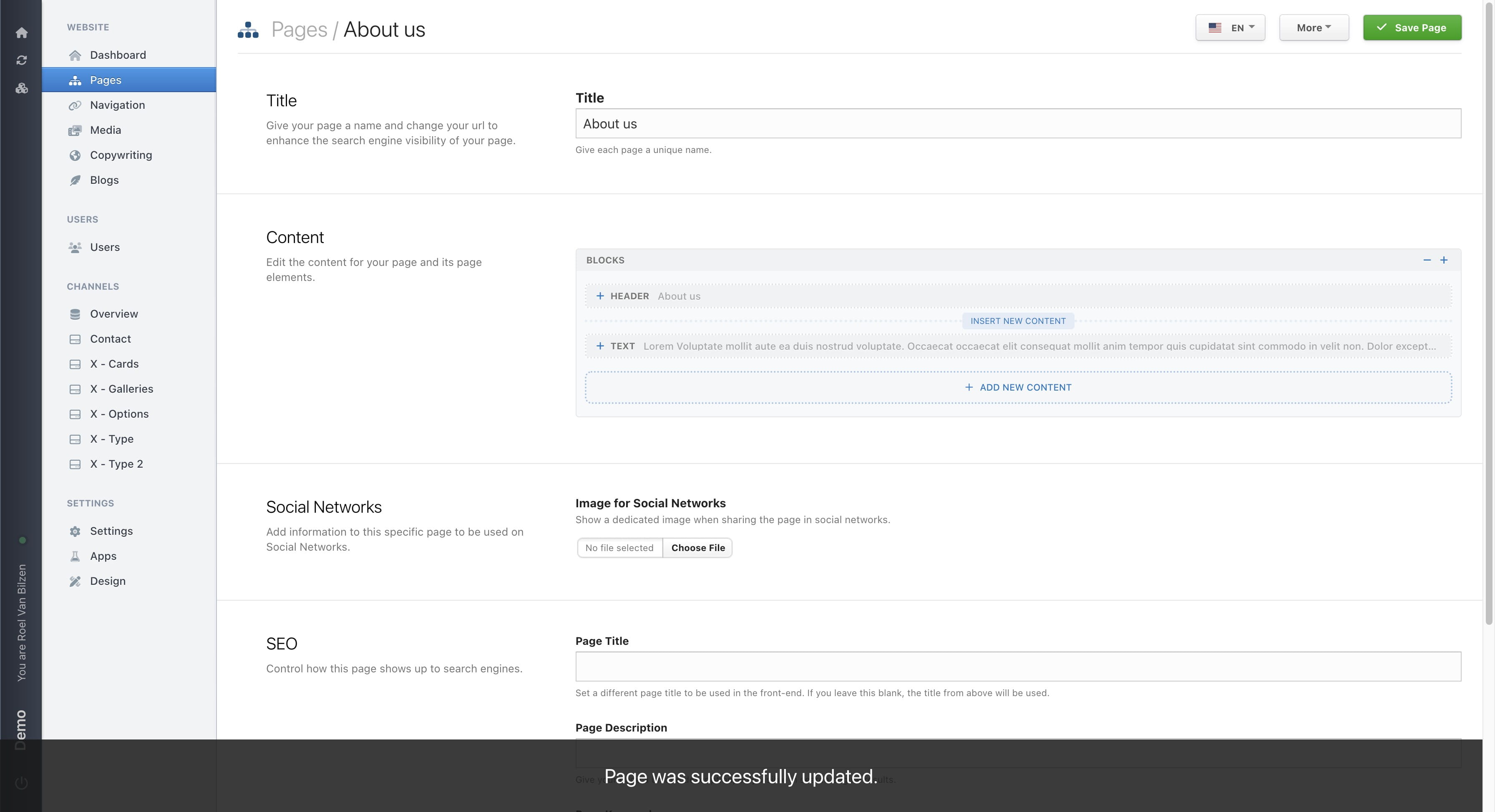 Click on "Insert new content" to insert a block between two exsitsing ones, instead of at the bottom of the page.