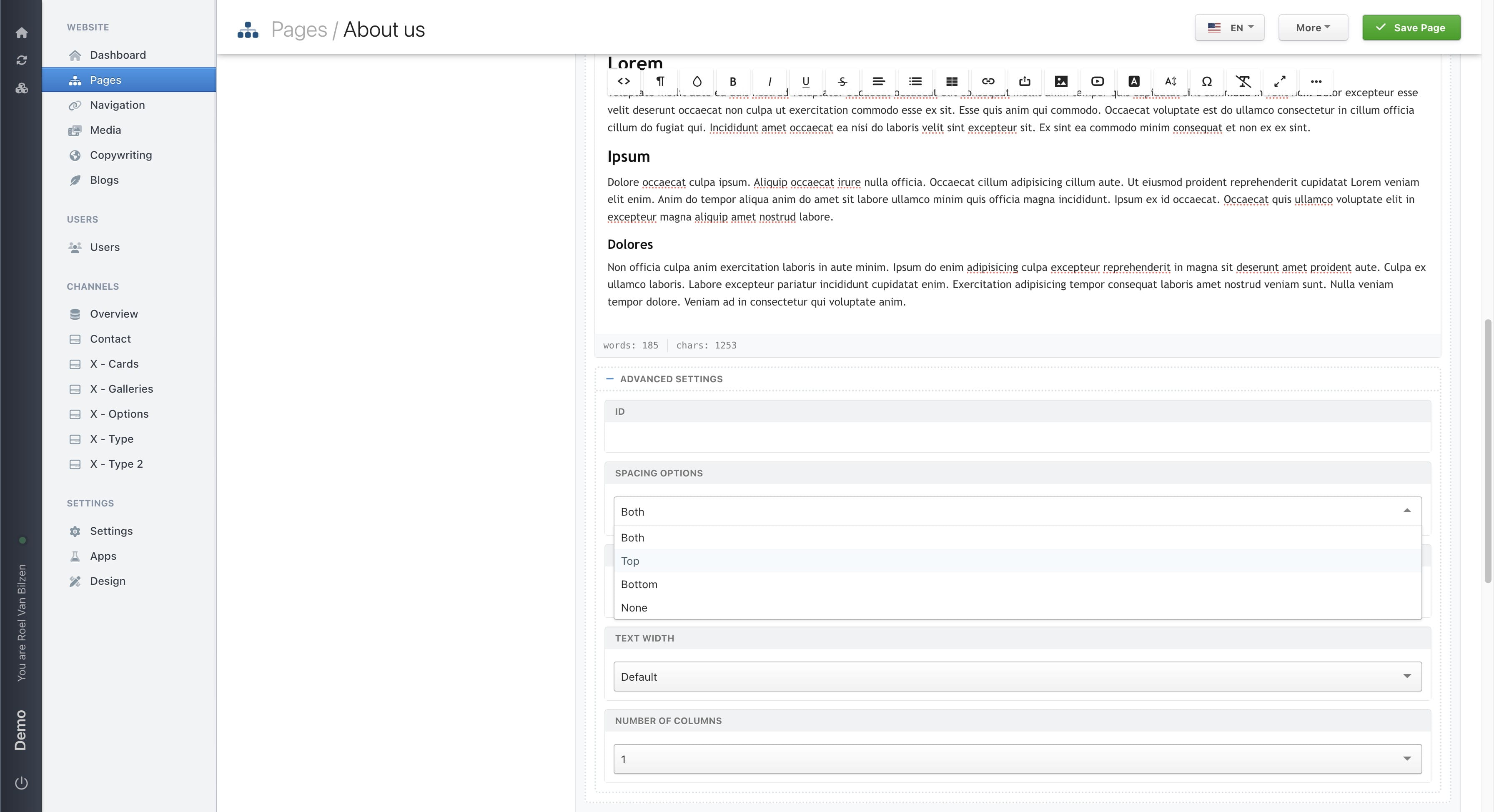 "Spacing options" determines where whitespace is added. Standard is above and below the block (both). This can change to only above or below or none.