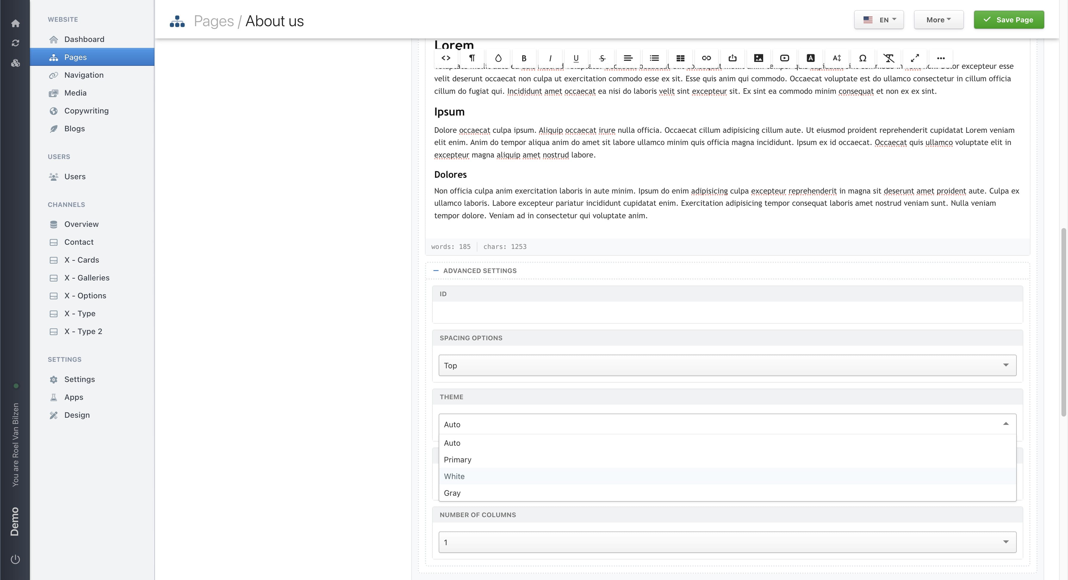Blocks can have their own theme color. This in order to differentiate the different parts of a page. The color options are based on the design.