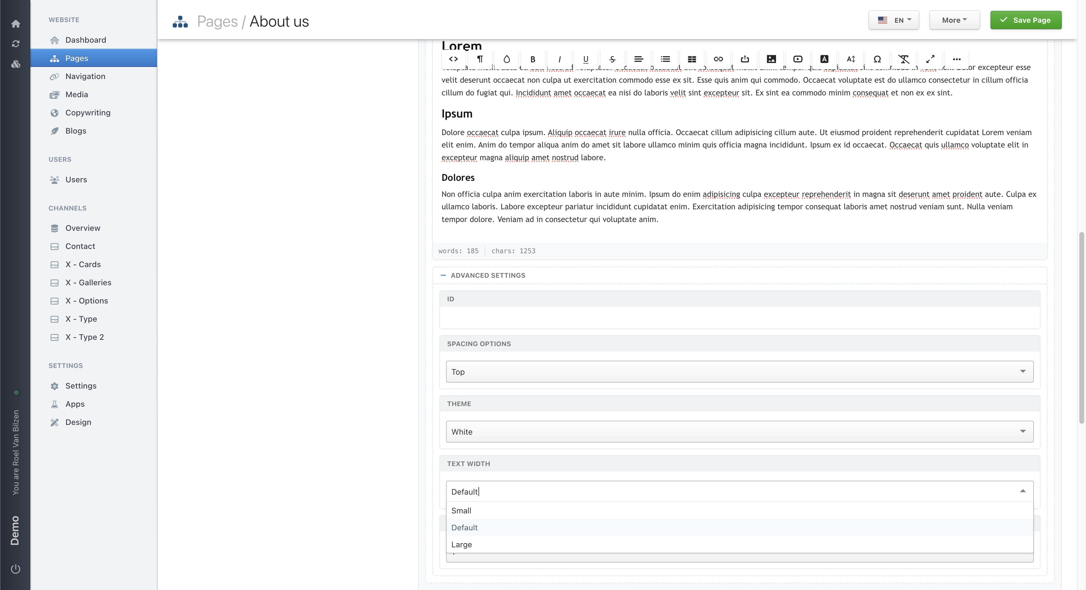 Some blocks have custom options that are specific to that block. Text has two of these options. "Text width" determines how wide the text is on the page. And "column count" will split the text in the selected amount of columns.