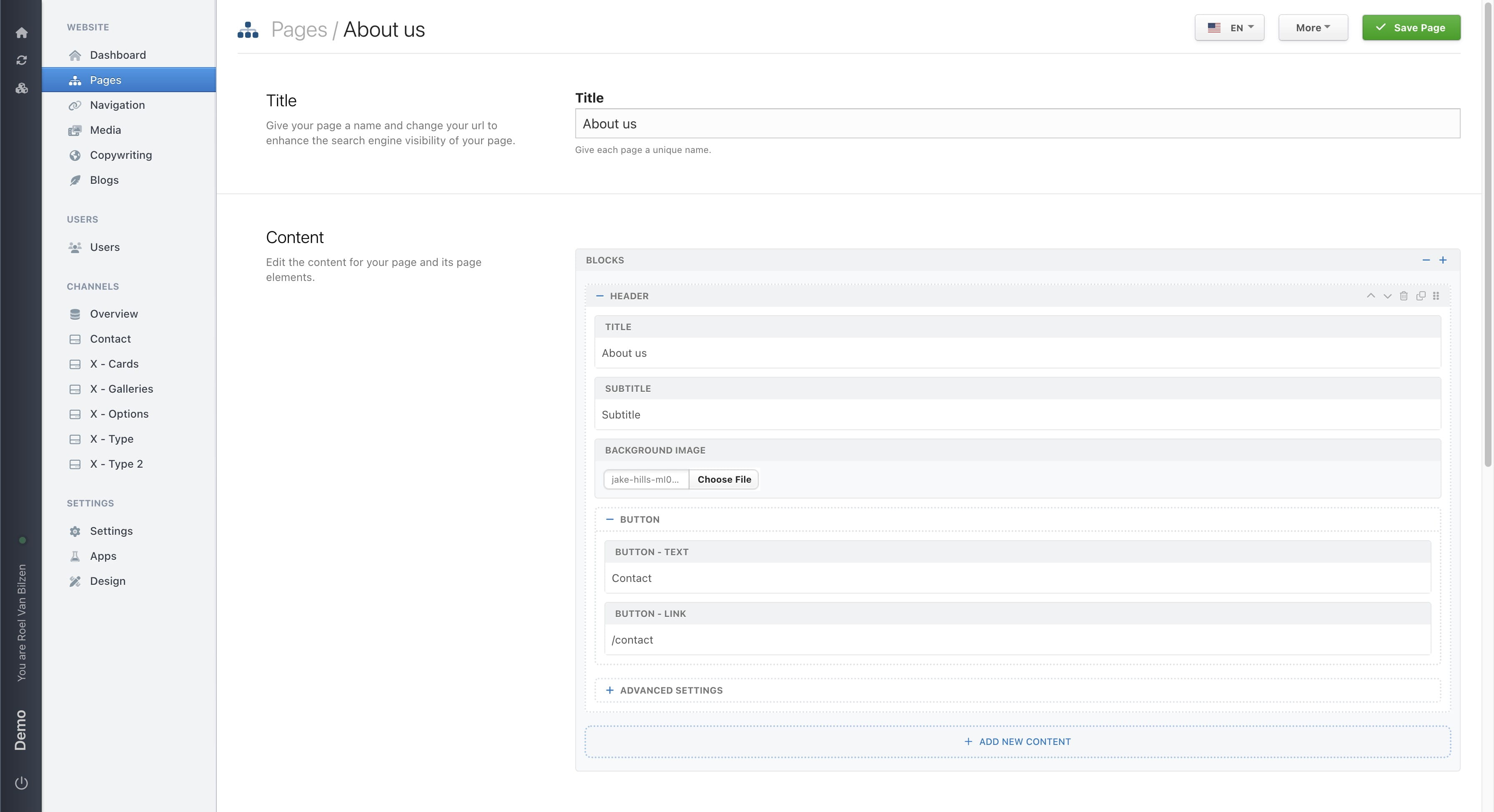 "Advanced settings" contain more detailed settings for a block. 
The two most commonly used are "overlay options" for headers and various settings for block. We will discuss the last one later on.

