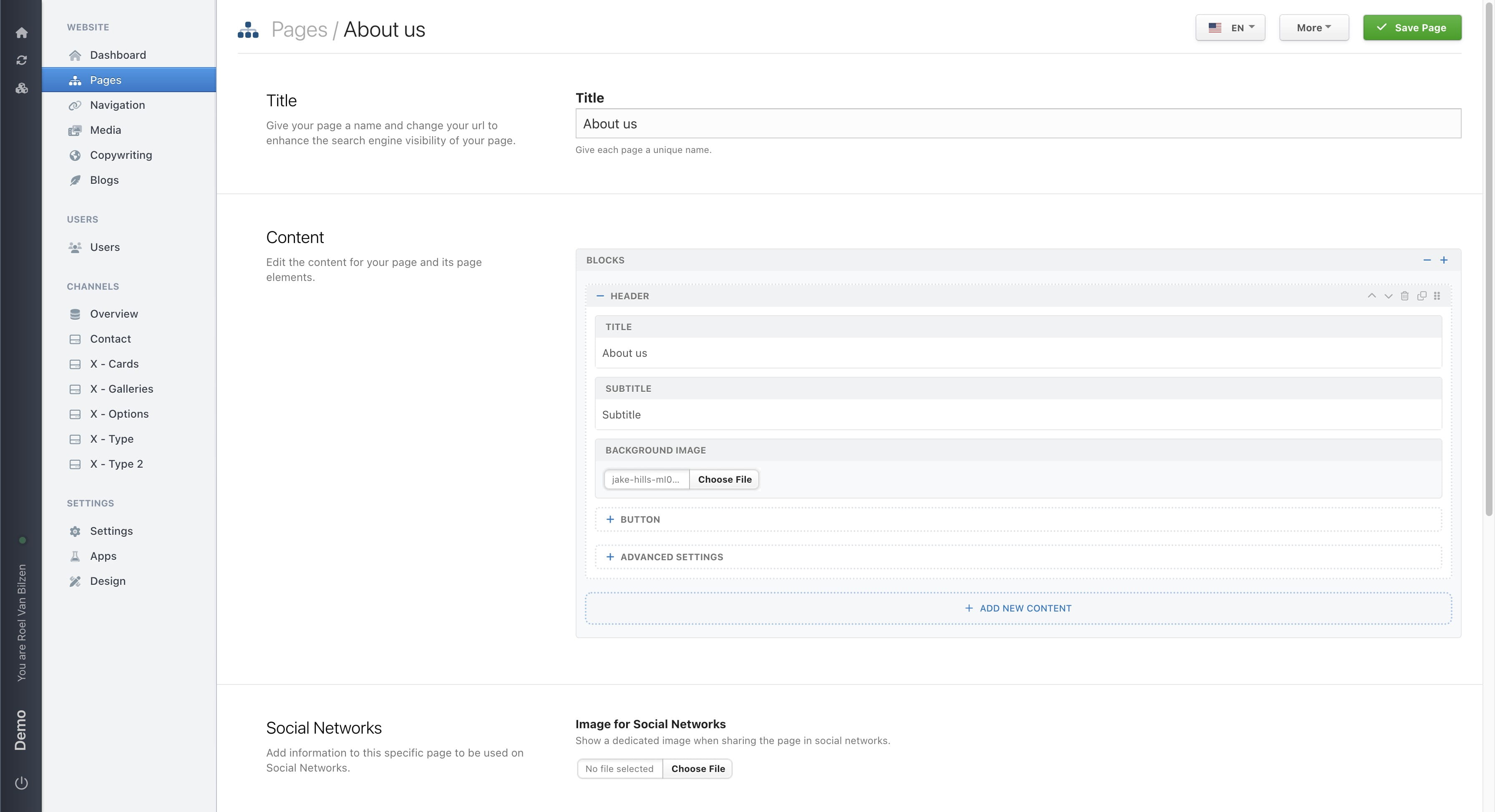 It is possible that in a block that there are multiple collapsable areas. These have specific information such as "Buttons" and "Advanced settings".
