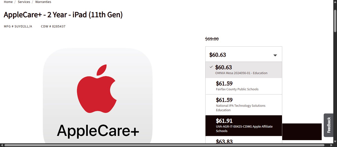 Once the compatibility is verified, select the correct contract pricing. Make sure that you are selecting the same contract as the one selected for the item previously. In this case, "UVA-AGR-IT-00425-CDWG  Apple Affiliate Schools"
