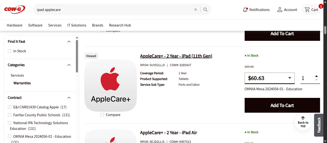 In an example where a user wishes to purchase a 128G 11-inch iPad and a 2-year AppleCare warranty, you will want to ensure that the AppleCare warranty you find is compatible with the model of iPad selected. To do this, click on the item to go to the item's page to view technical specifications.
