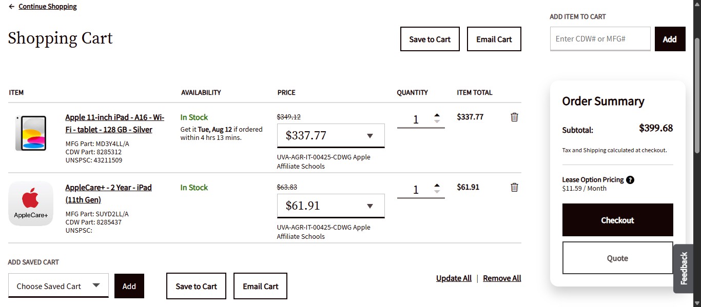 After verifying the items, quantities, and the contract numbers and pricing selected are correct, click on "Quote" on the right under Order Summary.