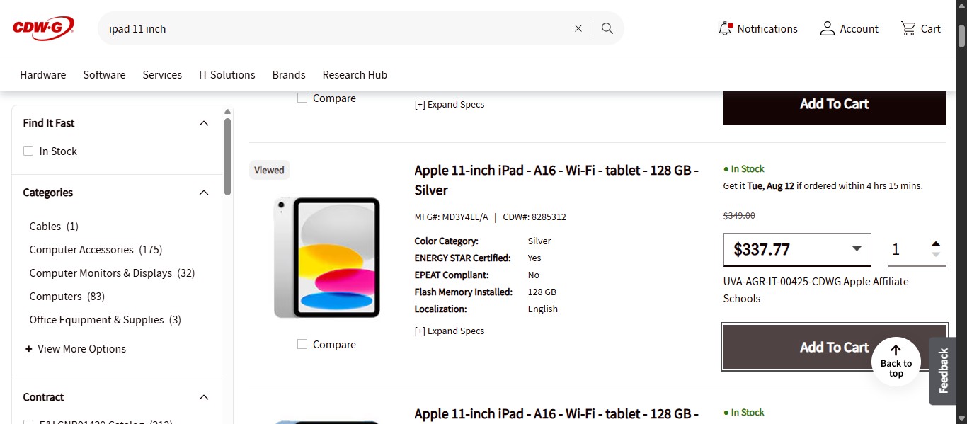 Once the correct contract pricing is selected, click on "Add To Cart"