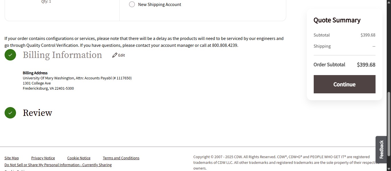 The Shipping information will default to the IT Business Office and is correct, so click Continue.