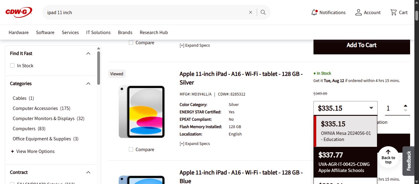 Once you have found the item requested, you want to make sure to select the correct contract for pricing. Click the drop down next to the price to access the cost list according to the different contracts available. The University uses two different contract selections: "UVA-AGR-IT-00425-CDWG Apple Affiliate Schools" or "E&I CNR01439 Catalog Apple." The same contract should be selected for the entire order.