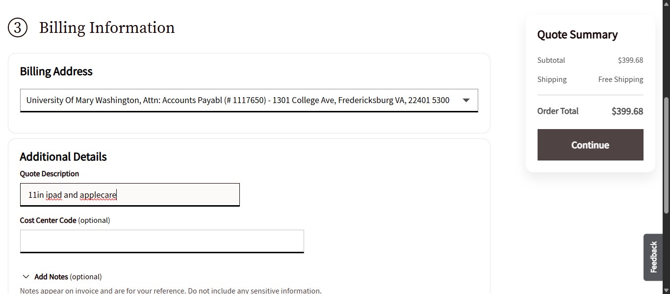 Once you've created a quote title, click on "Continue"
