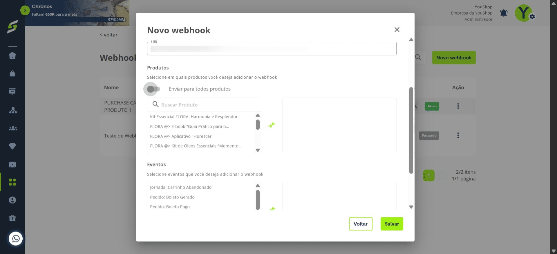 Em Eventos, você pode escolher alguns eventos específicos ou todos, para receber as notificações.