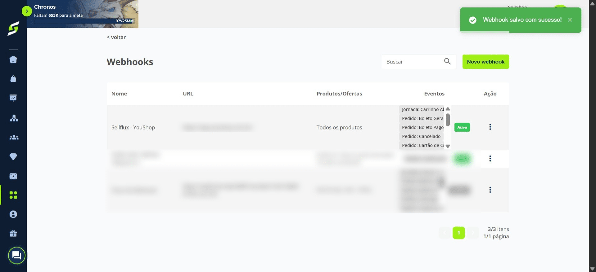 Pronto! Seu webhook foi salvo com sucesso.