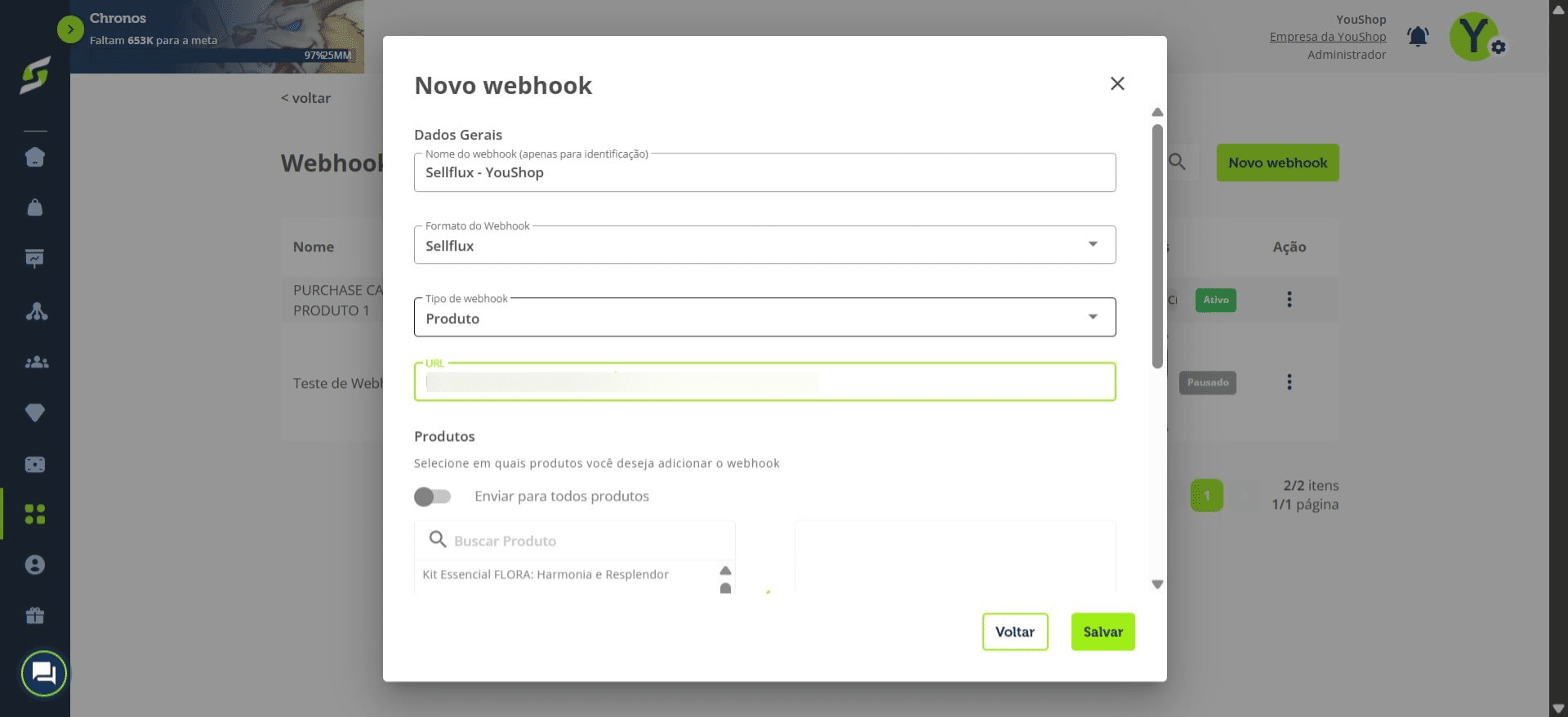 Adicione a URL da Sellflux.