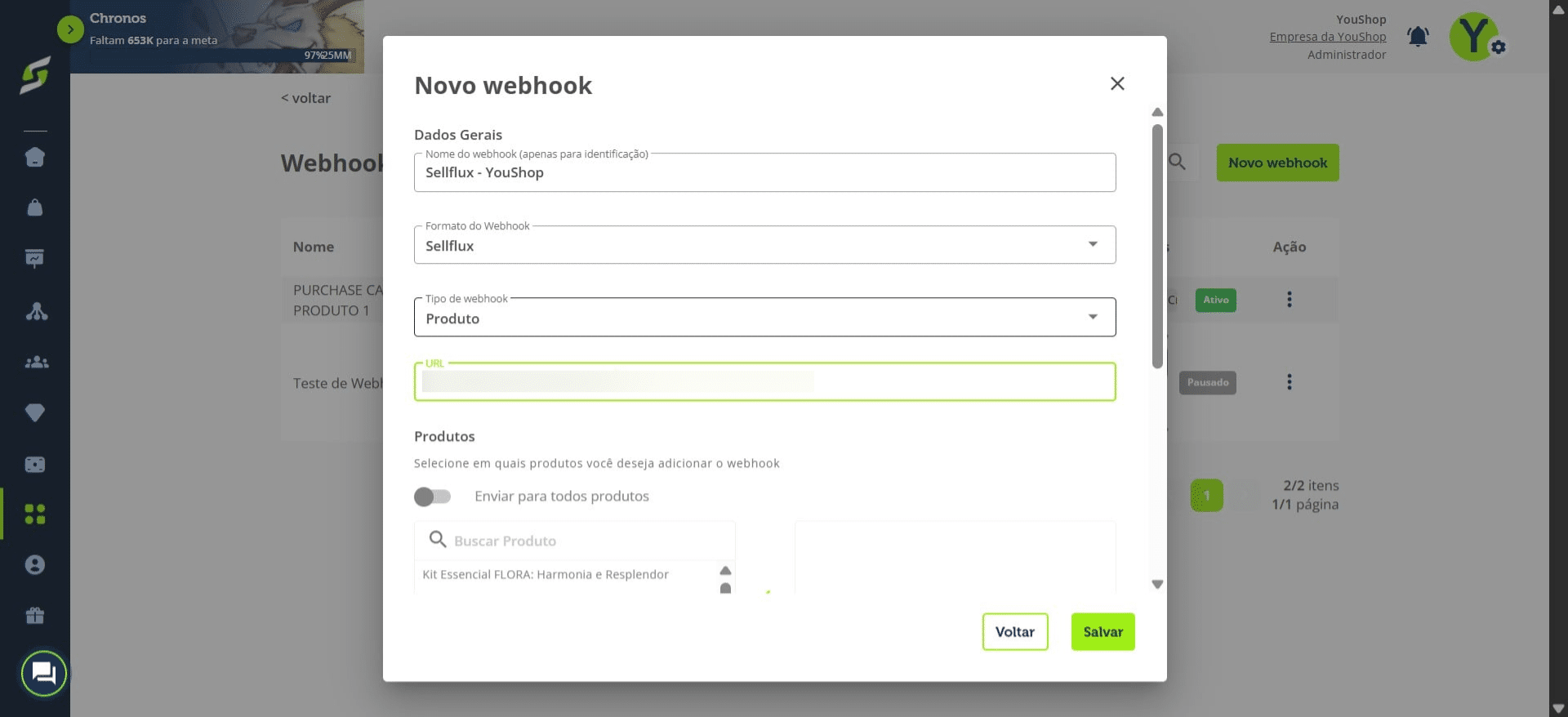 Escolha o tipo de webhook.