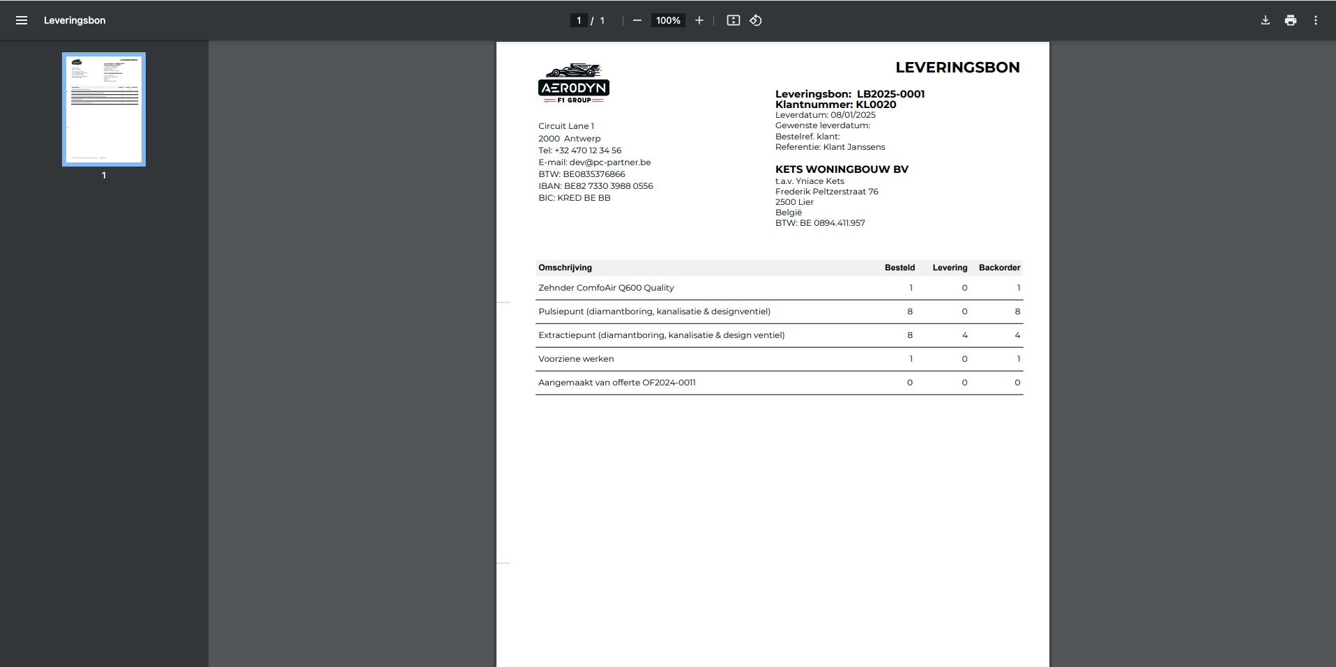 PDF wordt aangemaakt, hier kan je deze opslaan of afdrukken
