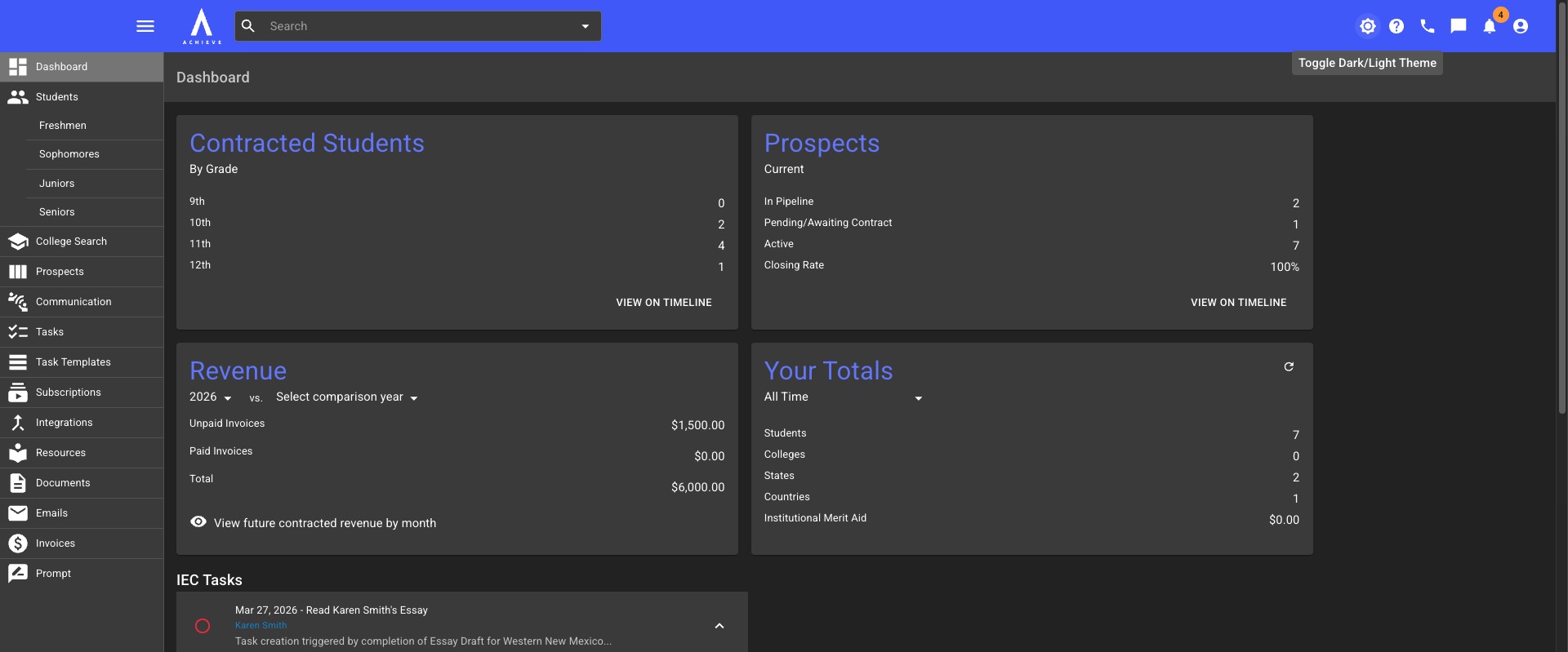 This is **Dark Theme.** Click on the **Sun** icon to return to **Light Theme.**