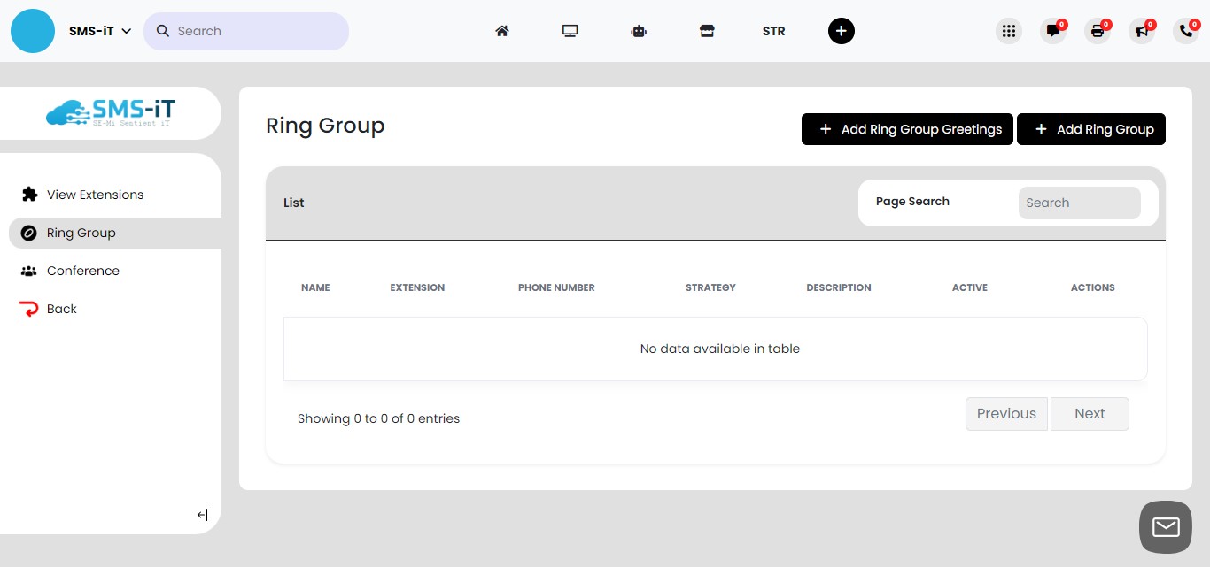 The **Ring Group** dashboard displays essential information including Name, Extension, Phone Number, Strategy, Description, Active status, and available Actions.