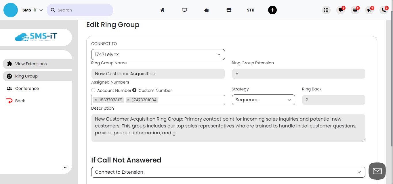 **Custom Numbers:** You can assign custom numbers to your ring group. These custom numbers are set up in the extensions section. Click on "View Extensions" to create a new extension, then add it to the ring group by selecting it from the pull-down menu in the custom number field.