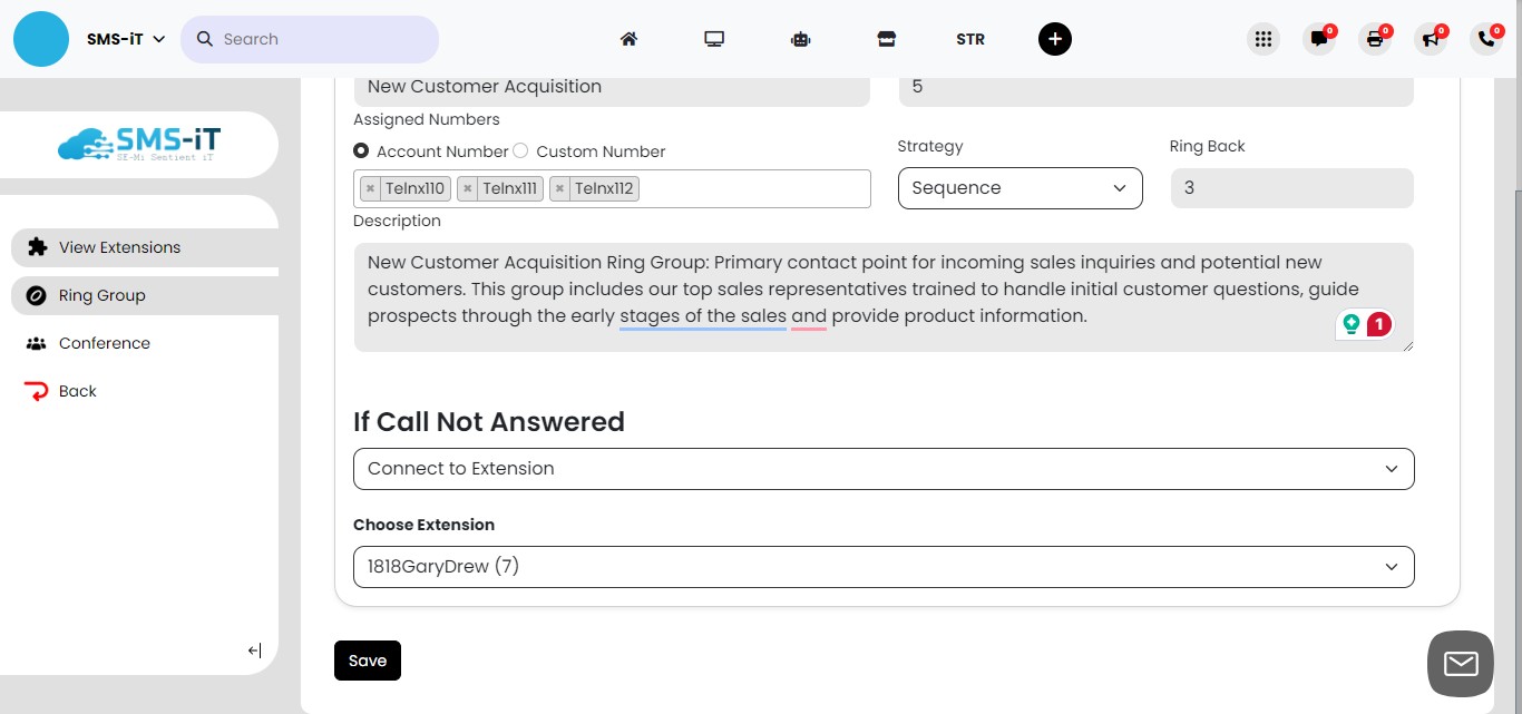 **If Call Not Answered:** After cycling through all designated numbers, you can set another extension to receive the call. Options include routing it back to the operator, another department, or a specific individual.