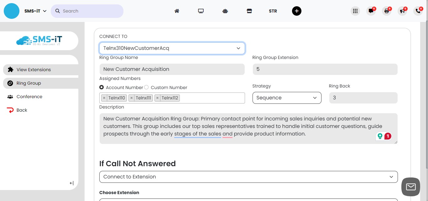 **Connect To:** Select a number from the pull-down menu. This is the number that your customers will call to connect to the ring group. For example, you might use a new customer acquisition number that was provided in an advertisement. When prospects call this number after watching a video or sales presentation, they can get more information or sign up. This scenario can be adapted for various purposes such as sales, support, appointment scheduling, or connecting to a live operator.