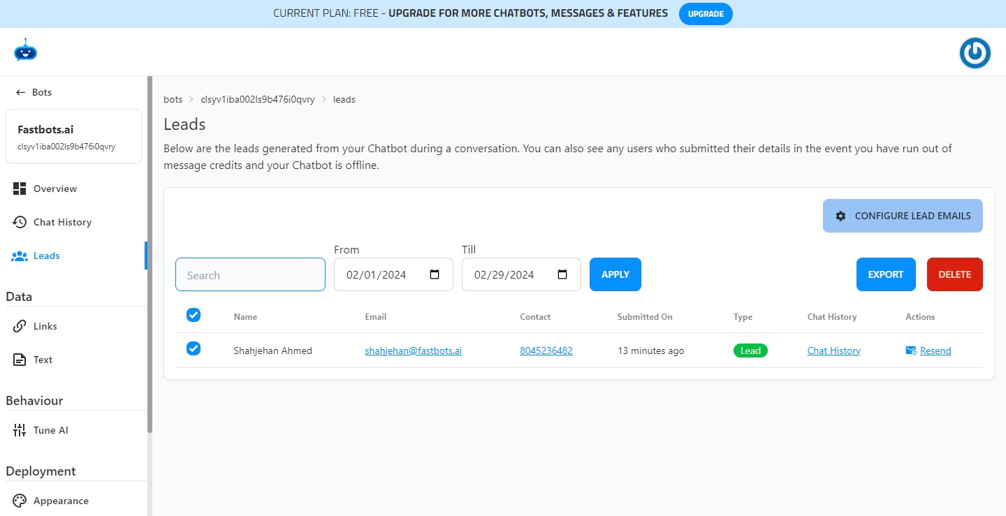 Select the lead that you want to export by clicking on the "Checkbox"