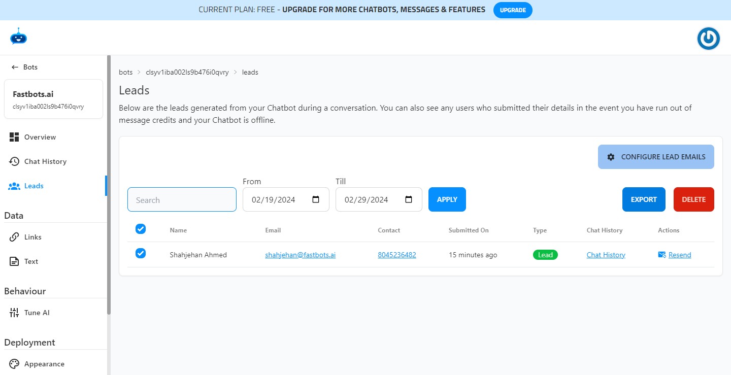After selecting the lead, click on the "Export" button to export the lead in PDF format.