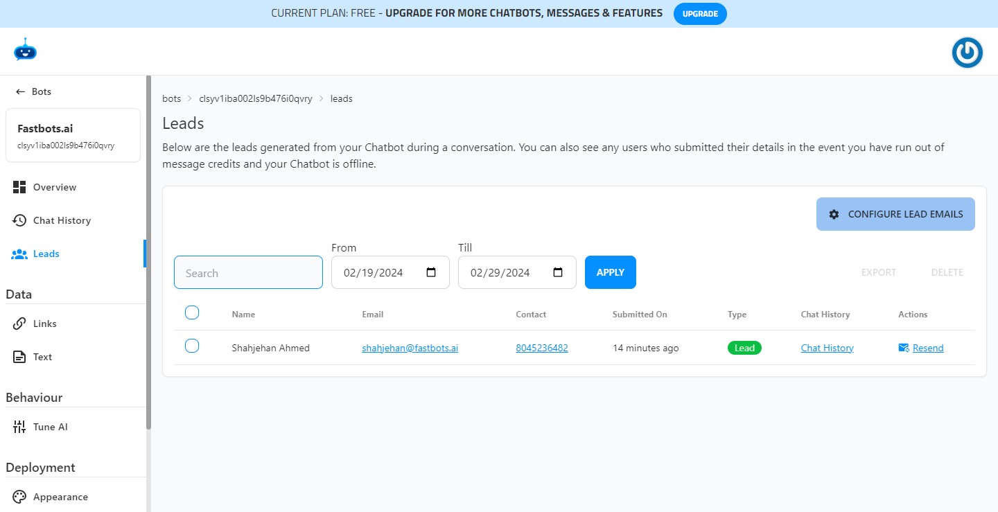 You can also search the leads by using the "Search" functionality.