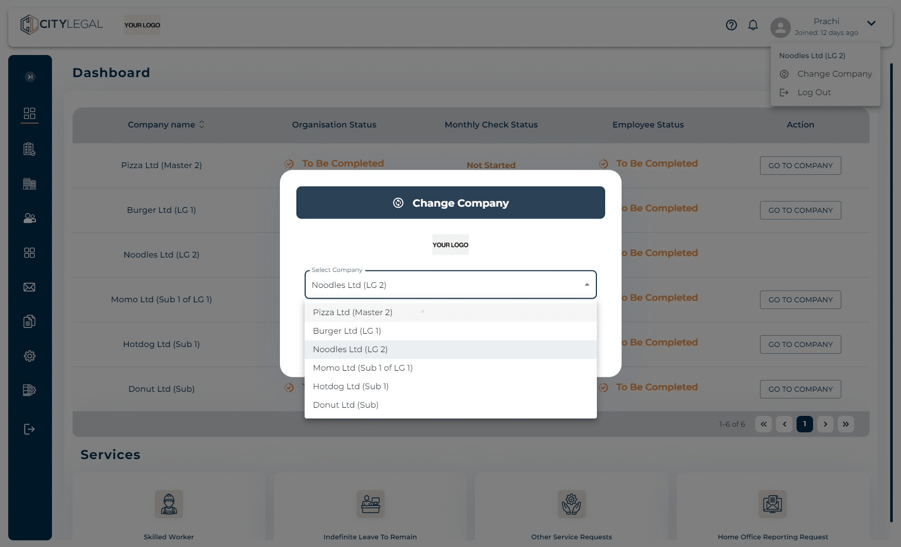 From the drop down here, select the company you want to switch to.