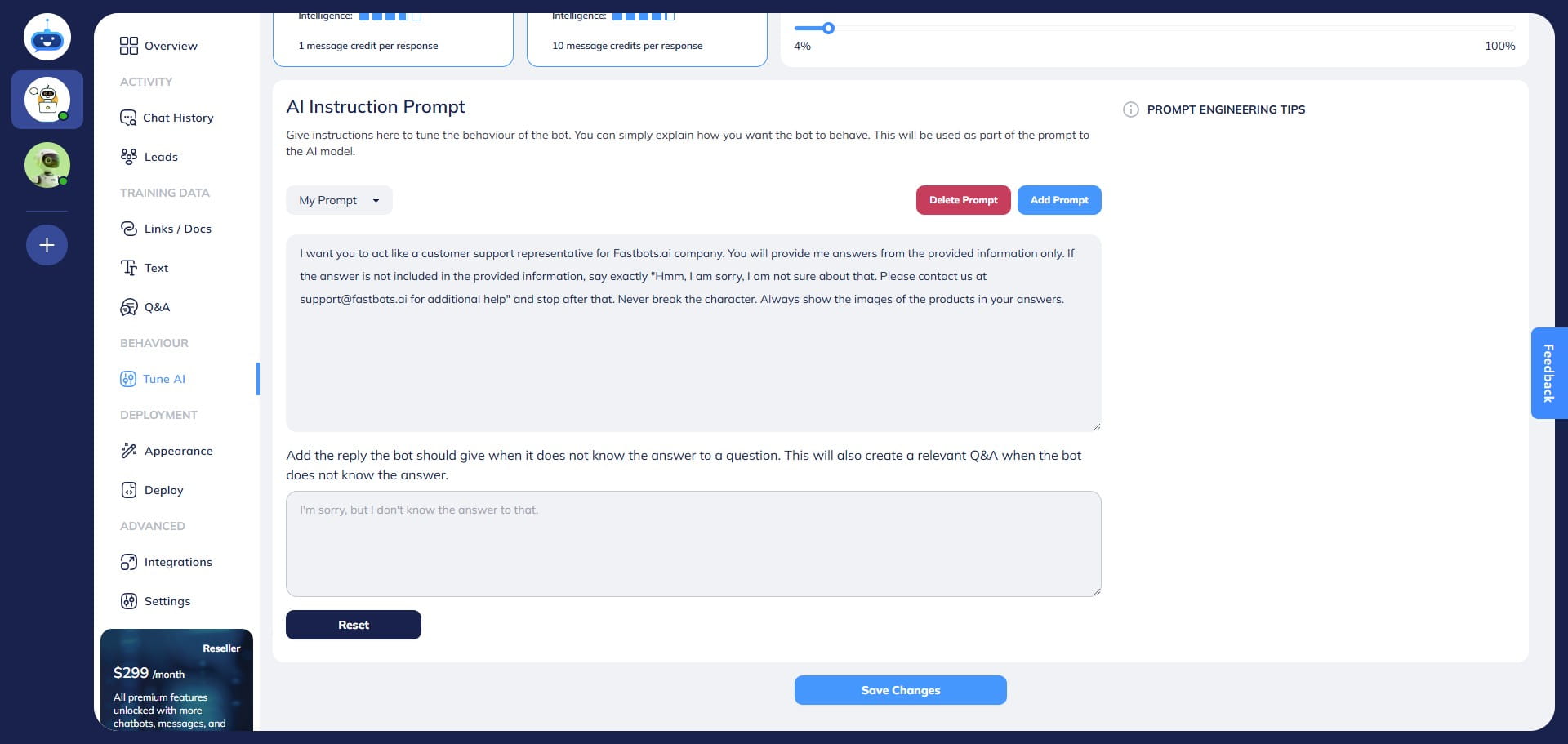 Add specific instructions for the Chatbot to reply to any questions for which the information/training has not been provided. Add those instructions in the "AI Instruction Prompt" to train the Chatbot