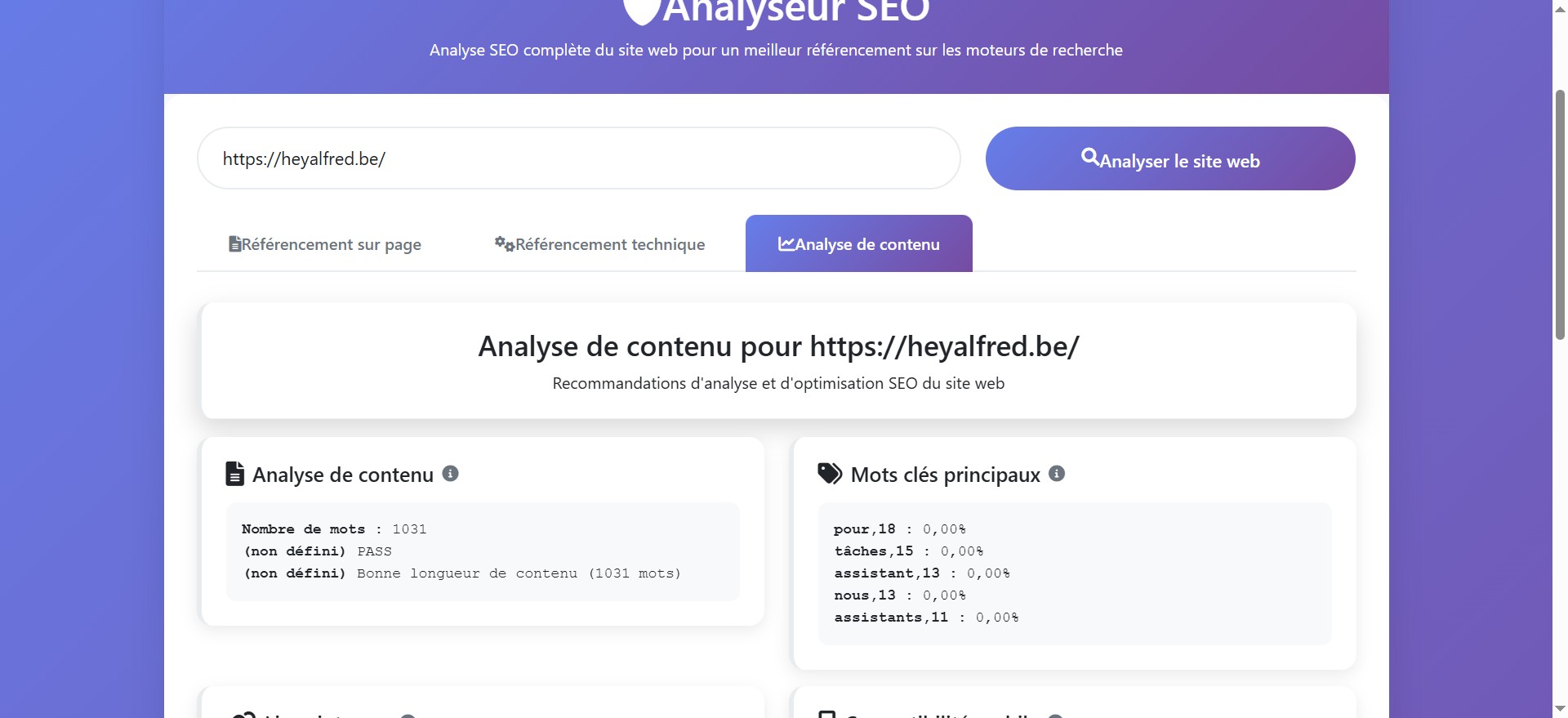 Cette rubrique analyse le contenu textuel du site pour s'assurer qu'il est suffisamment riche et pertinent pour le référencement. Un contenu long et bien structuré aide les moteurs de recherche à mieux comprendre le sujet de la page et améliore sa visibilité.