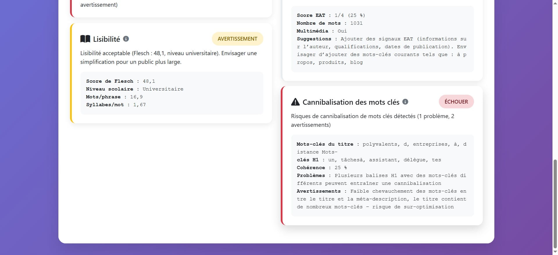 Cette resultat d'analyse aide à identifier les risques de cannibalisation des mots-clés, c'est-à-dire quand plusieurs pages du même site se battent pour les mêmes mots-clés. La cannibalisation des mots-clés peut sérieusement entraver l'efficacité de votre SEO. Il est essentiel d'optimiser chaque page de votre site pour des mots-clés uniques et bien ciblés, afin de maximiser le trafic et éviter la concurrence interne.
Ici l'outil détecte un problème.