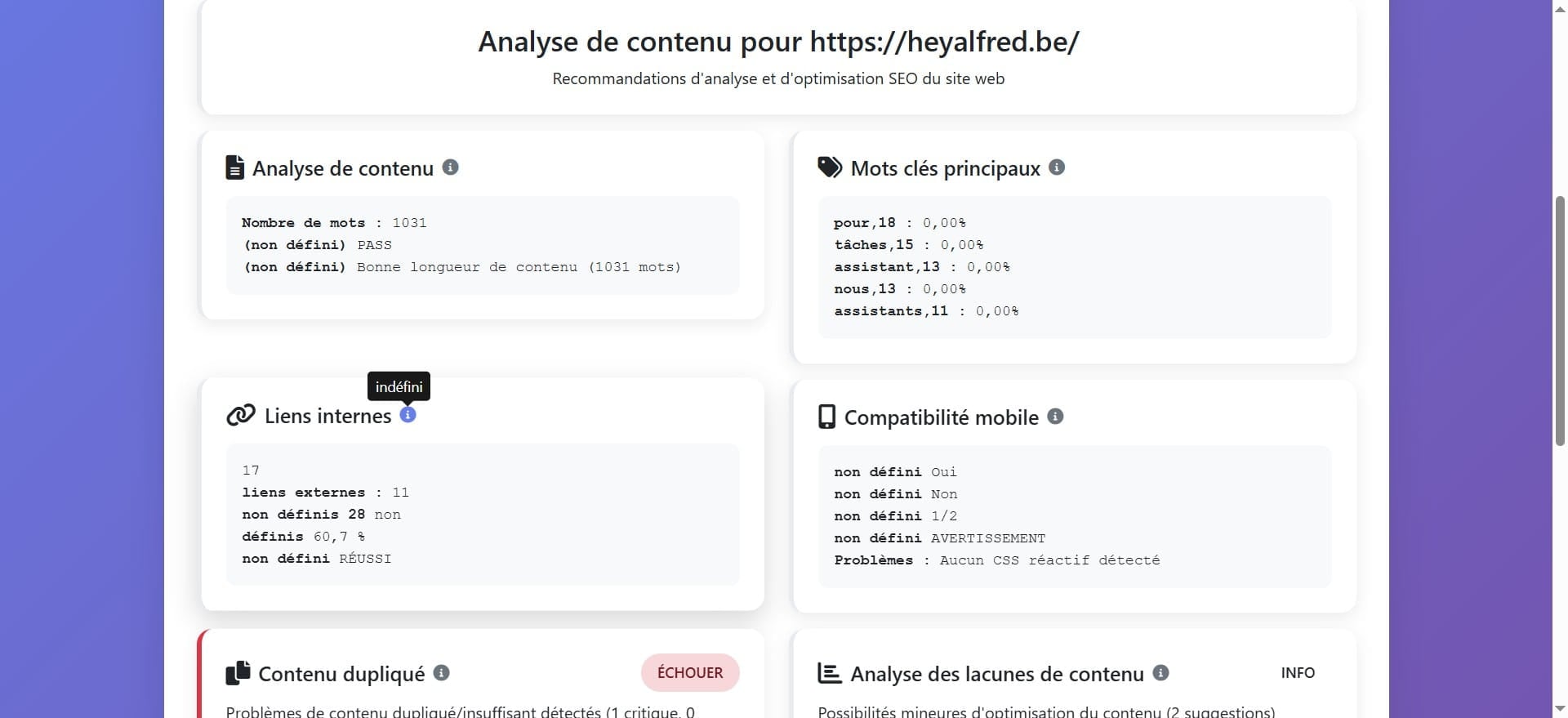 Cette section évalue l’efficacité des liens internes sur la page. Les liens internes sont cruciaux pour une bonne navigation et pour aider les moteurs de recherche à indexer correctement les pages du site.