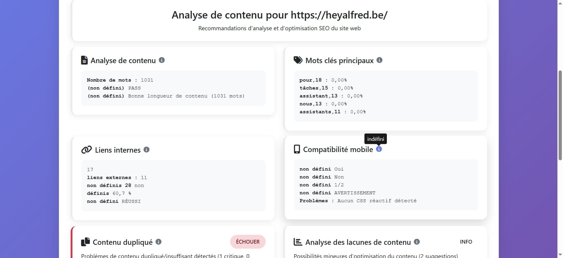 La compatibilité Mobile vérifie si le site est adapté aux appareils mobiles. Avec une utilisation croissante des smartphones, les moteurs de recherche, comme Google, privilégient les sites qui offrent une expérience utilisateur optimale sur mobile.