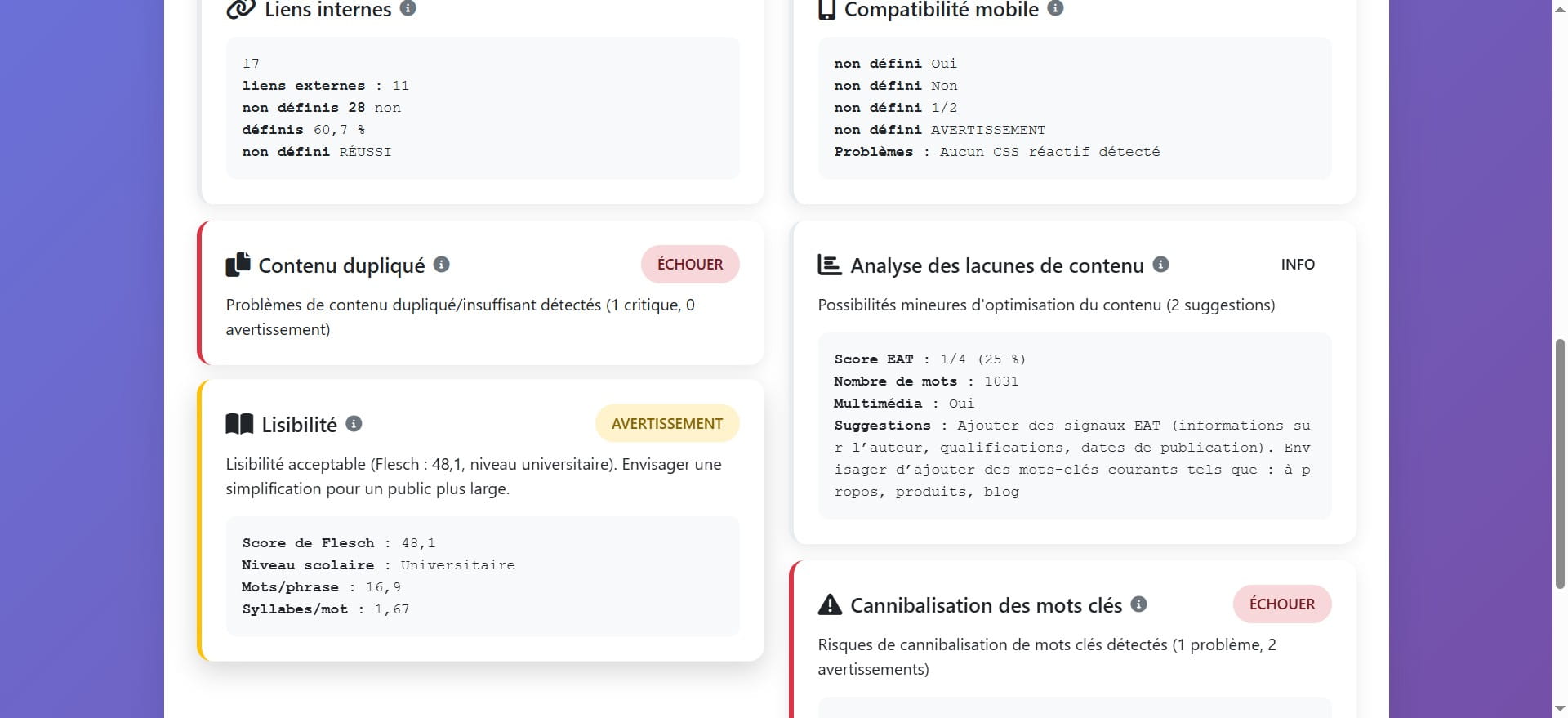 Cette rubrique évalue la facilité avec laquelle le contenu d'un site Web peut être compris par les visiteurs, en particulier par ceux qui ne sont pas des experts dans le domaine. Elle se concentre sur l'utilisation de termes simples, la structure des phrases et la clarté générale du texte. Une bonne lisibilité améliore l'expérience utilisateur et peut également contribuer à de meilleurs résultats SEO, car les moteurs de recherche prennent en compte la lisibilité lorsqu'ils classent les pages.