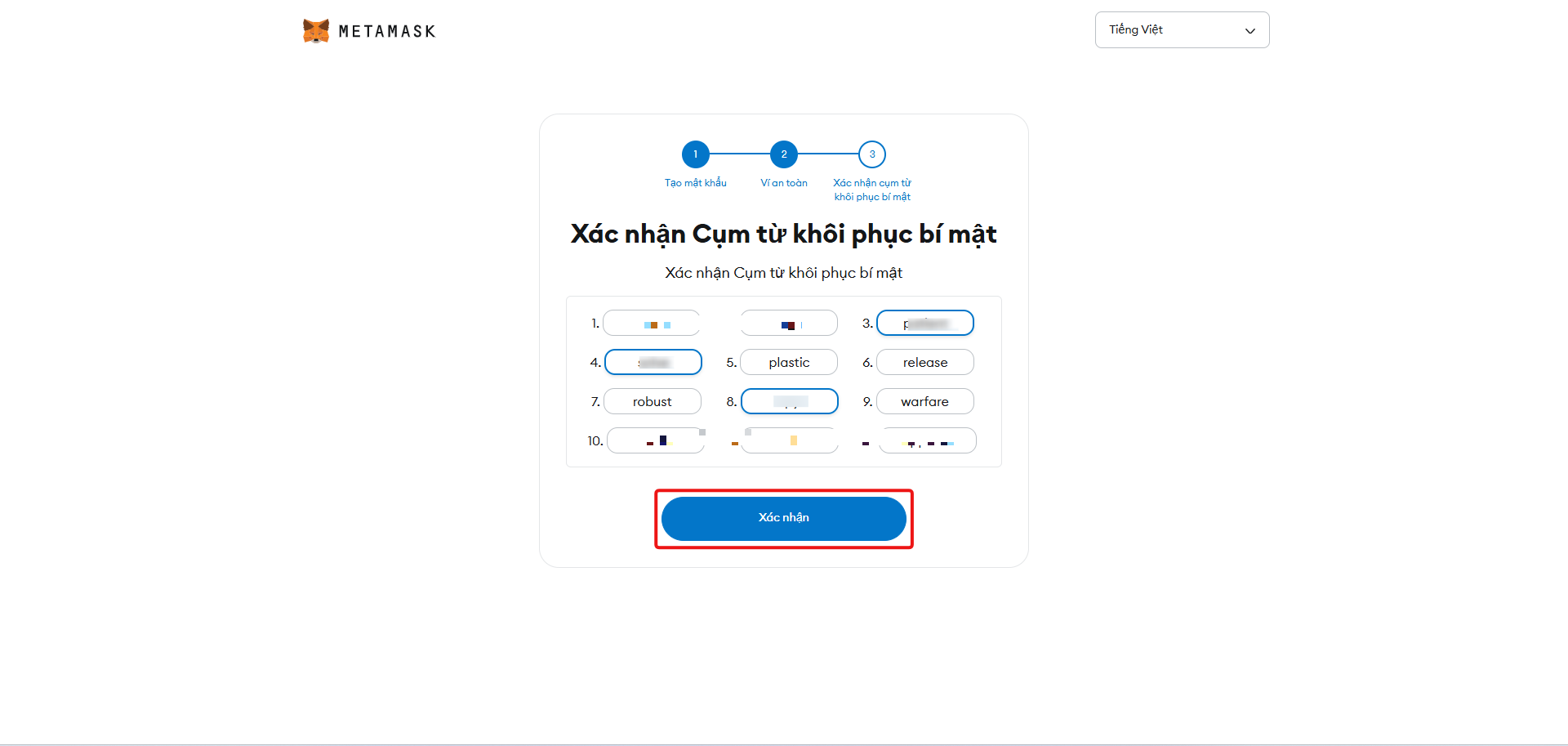 Nhập đúng các từ ở vị trí số 3, 4 và 8 → Khi nhập đúng, nút Xác nhận sẽ sáng lên → Bấm "**Xác nhận**" để chuyển sang bước tiếp theo