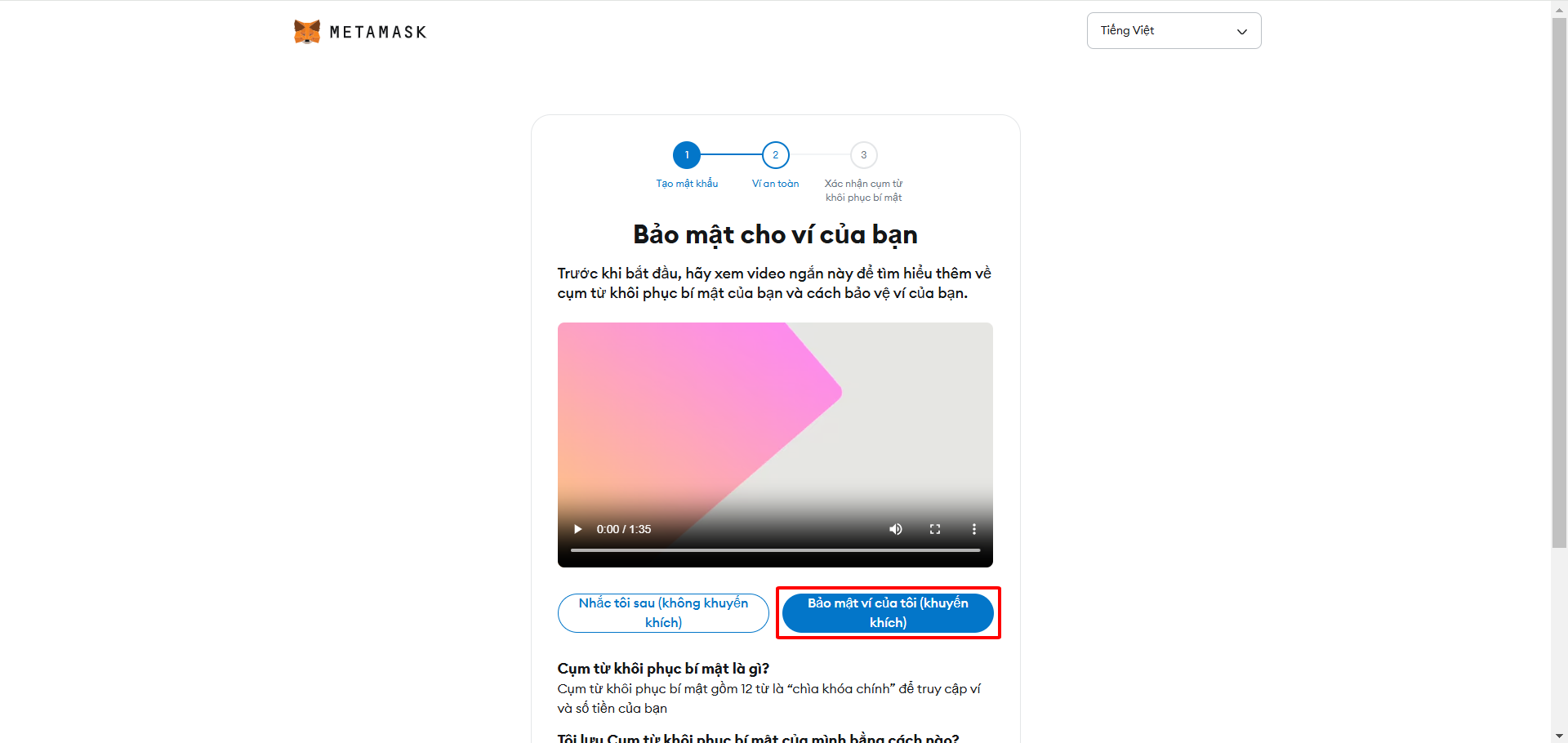 Bấm chọn "**Bảo mật ví của tôi**"