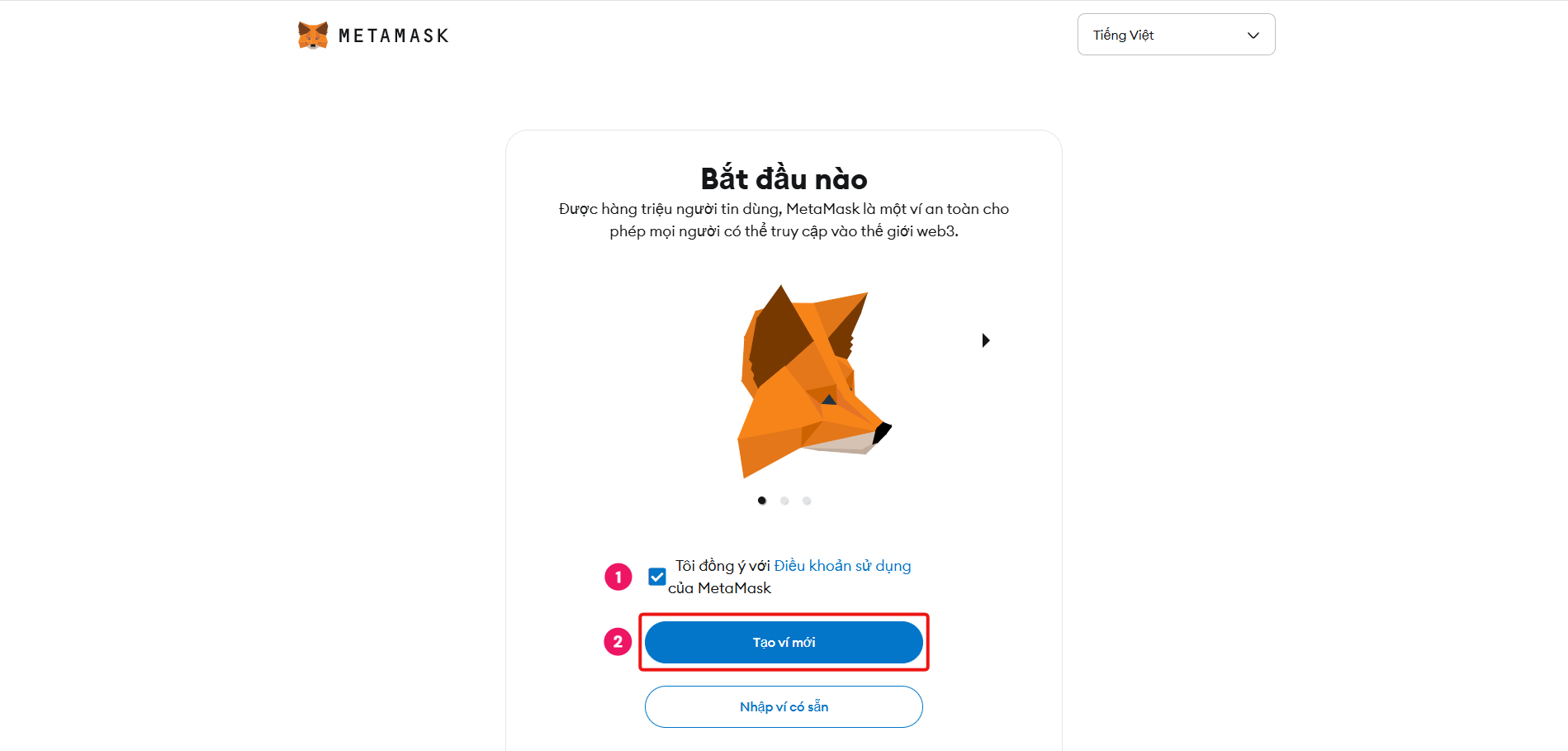 Tích vào "Tôi đồng ý với Điều khoản sử dụng của Metamask" và bấm "**Tạo ví mới**"
